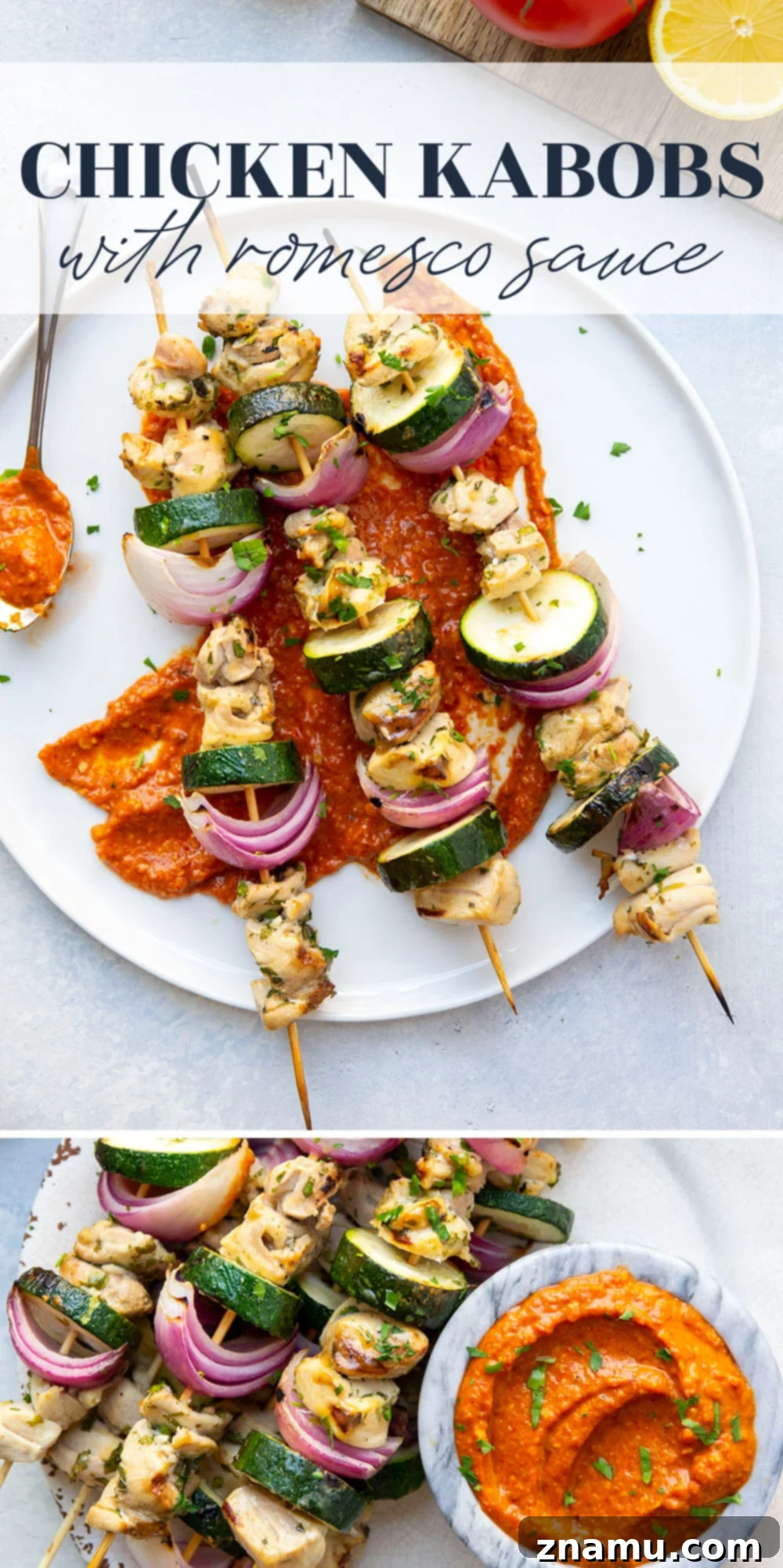 Sun-Kissed Chicken Skewers with Smoky Romesco 7 Overhead shot of a complete meal with Lemon Garlic Chicken Kabobs and Romesco Sauce