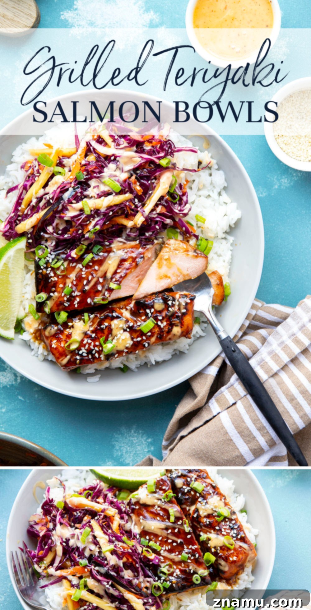 Sweet & Savory Teriyaki Salmon Bowls with a Zesty Mango Kick 7 These teriyaki salmon bowls feature smoky grilled salmon marinated in a flavorful homemade teriyaki sauce and served in rice bowls with lots of spicy mango slaw.