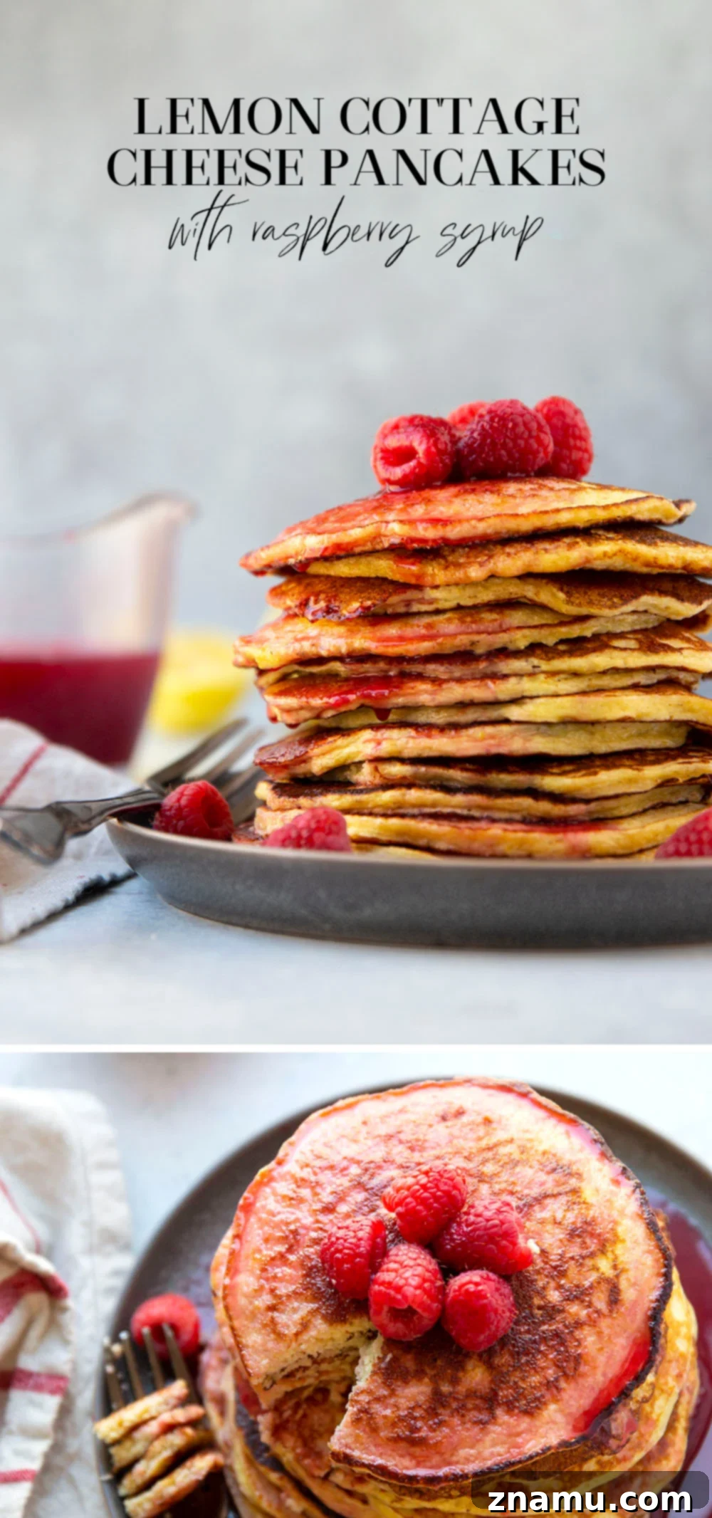 Fluffy Lemon Cottage Cheese Pancakes with Raspberry Drizzle 7 A close-up aerial shot of a beautifully styled breakfast scene featuring two plates of lemon cottage cheese pancakes. Each stack is generously drizzled with raspberry syrup and garnished with fresh raspberries and lemon slices. A small pitcher of syrup and a bowl of fresh berries are also visible, creating an inviting and wholesome breakfast presentation. This naturally gluten-free and protein-rich recipe is perfect for a delicious start to the day.