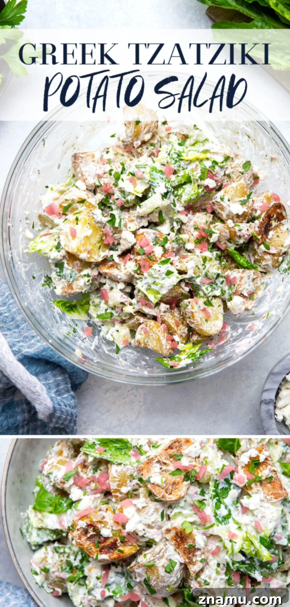 Mediterranean Tzatziki Potato Salad 7 This Greek tzatziki potato salad features tender herb-roasted potatoes dressed with homemade tzatziki sauce and tossed with lots of crisp lettuce, crumbly feta, and pickled red onions.