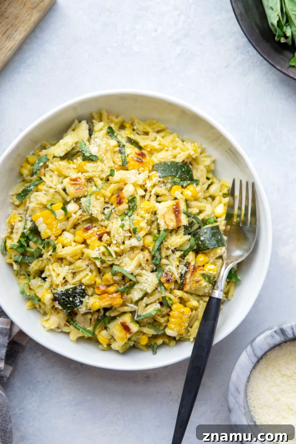 Grilled Zucchini & Sweet Corn Pesto Orzo 5 Charred zucchini and corn before being added to the pesto orzo, showing their smoky texture