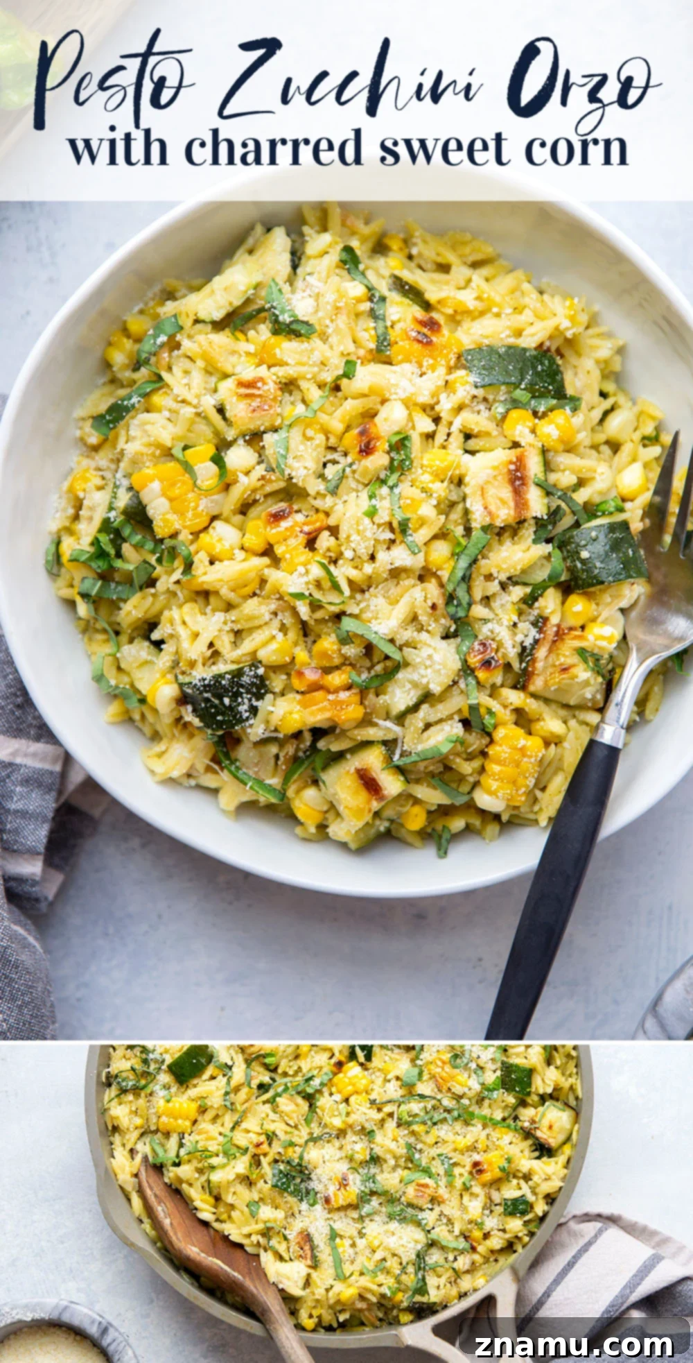 Grilled Zucchini & Sweet Corn Pesto Orzo 7 Top-down shot of the Pesto Zucchini Orzo with Charred Sweet Corn in a large bowl, ready for serving