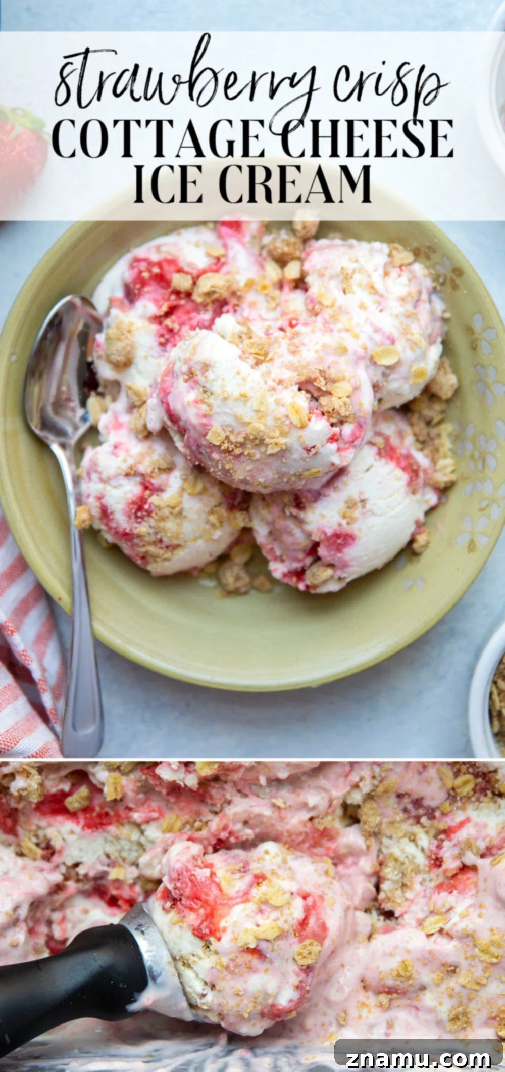Çilekli Lor Peynirli Kıtır Dondurma 7 This rich and creamy cottage cheese ice cream features everything you love about a summer strawberry crisp with luscious swirls of fresh strawberry sauce and buttery oat streusel topping.