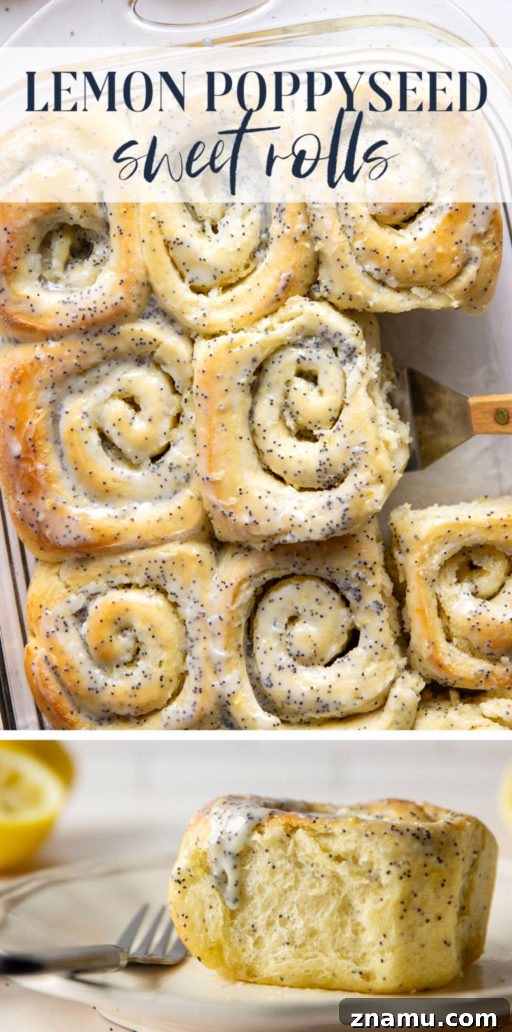 Glazed Lemon Poppy Seed Rolls 7 Soft, melt-in-your-mouth lemon poppyseed sweet rolls are speckled with pretty poppyseeds in every bite and glazed with a sweet and tangy fresh lemon icing.
