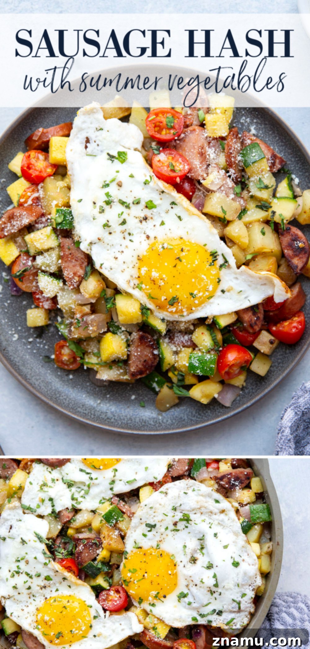 Summer Harvest Sausage Hash 7 This sausage breakfast hash is loaded with a rainbow of fresh summer vegetables, crispy potatoes, and lots of flavorful sausage. - the best savory summer breakfast with an egg served on top!