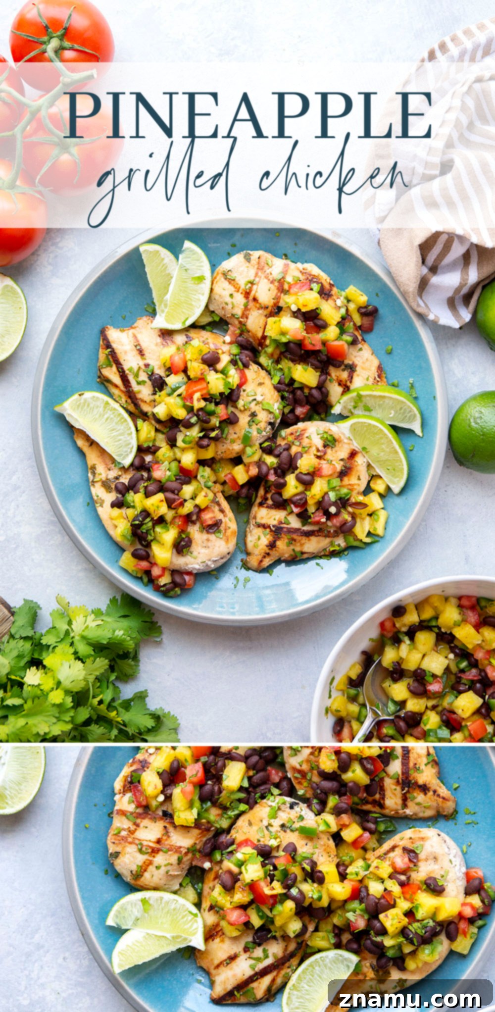 Pineapple Grilled Chicken with Fresh Black Bean Salsa 7 Overhead shot of the complete pineapple grilled chicken dish with black bean salsa and a side of fresh cilantro.