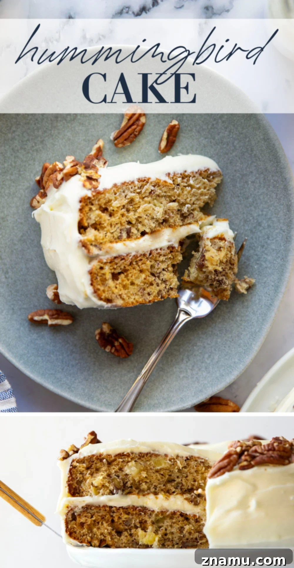 Taste of the Tropics, Southern Style 7 An overhead shot of the full Hummingbird Cake, showcasing its beautiful frosting, pecan garnish, and inviting texture.