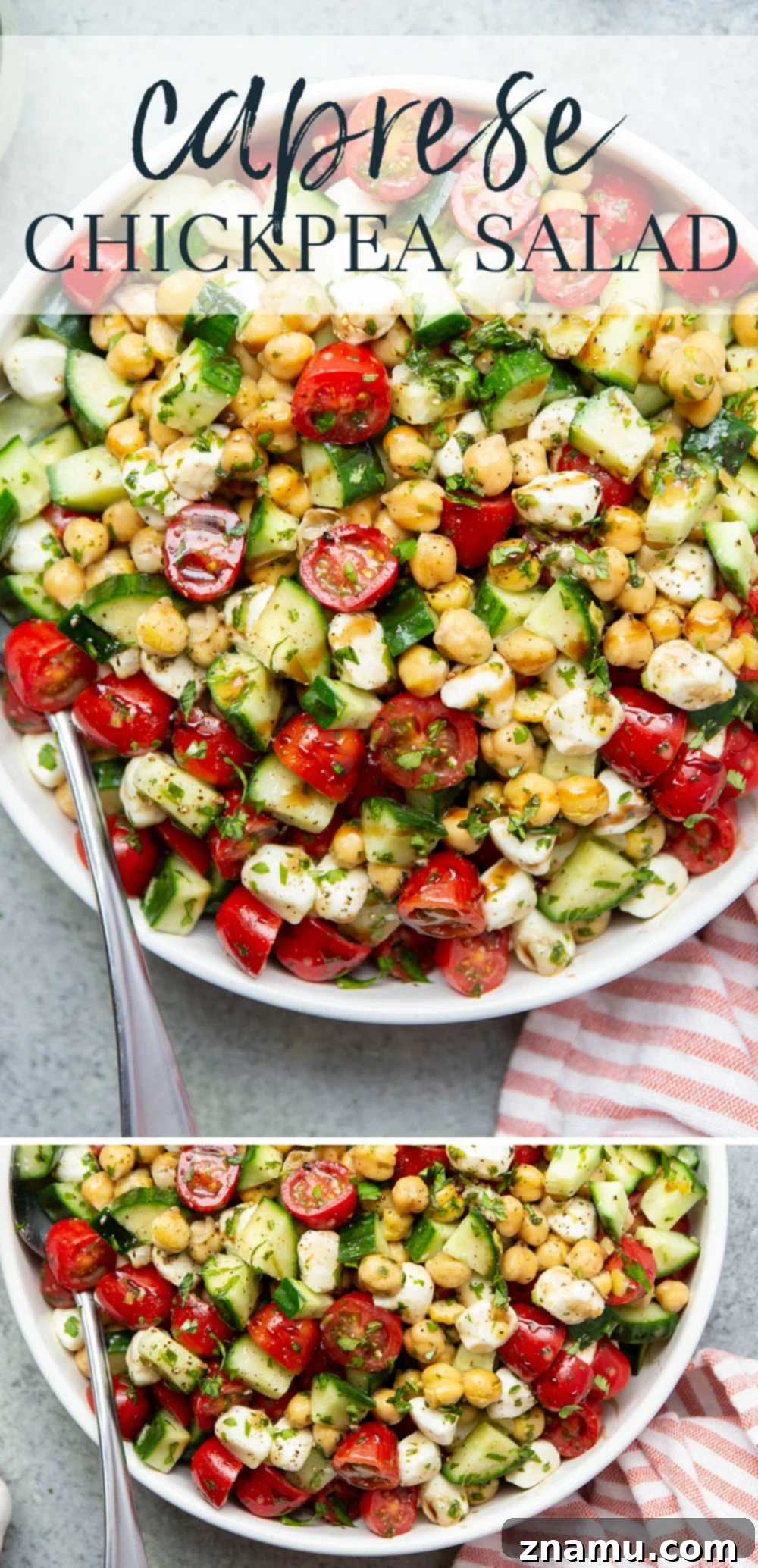 Roasted Garlic Basil Caprese Chickpea Salad 7 An overhead shot of the Caprese Chickpea Salad in a serving bowl, perfectly arranged and ready to be enjoyed. The colors are bright and inviting.