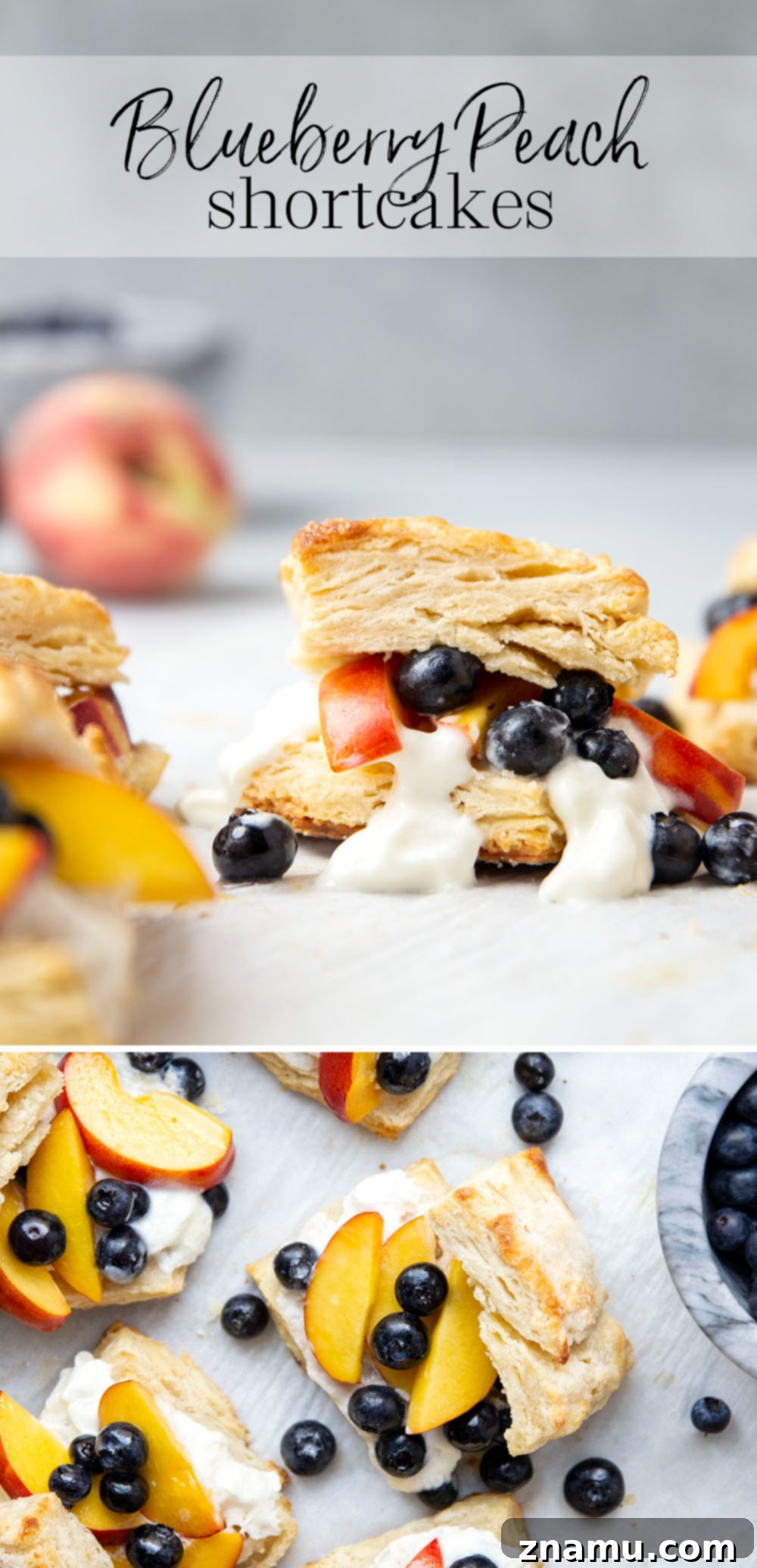 Sun-Drenched Peach Berry Dream 7 A high-angle shot showcasing a fully assembled blueberry peach shortcake, with a focus on the layers of biscuit, fruit, and whipped cream, ready for serving.