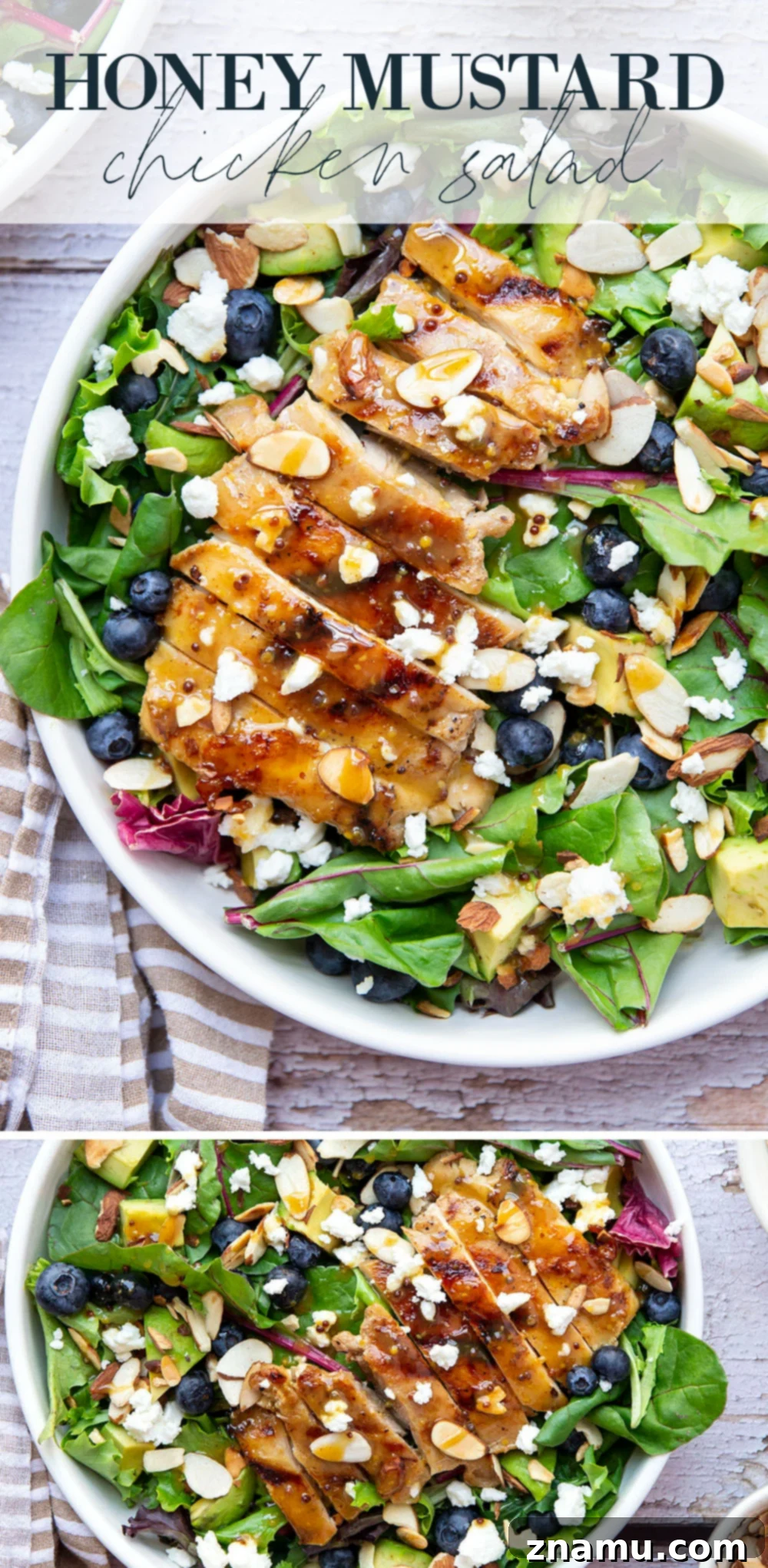 This salad features juicy grilled chicken thighs brushed with homemade honey mustard and tossed in a big green salad with fresh blueberries and avocado.
