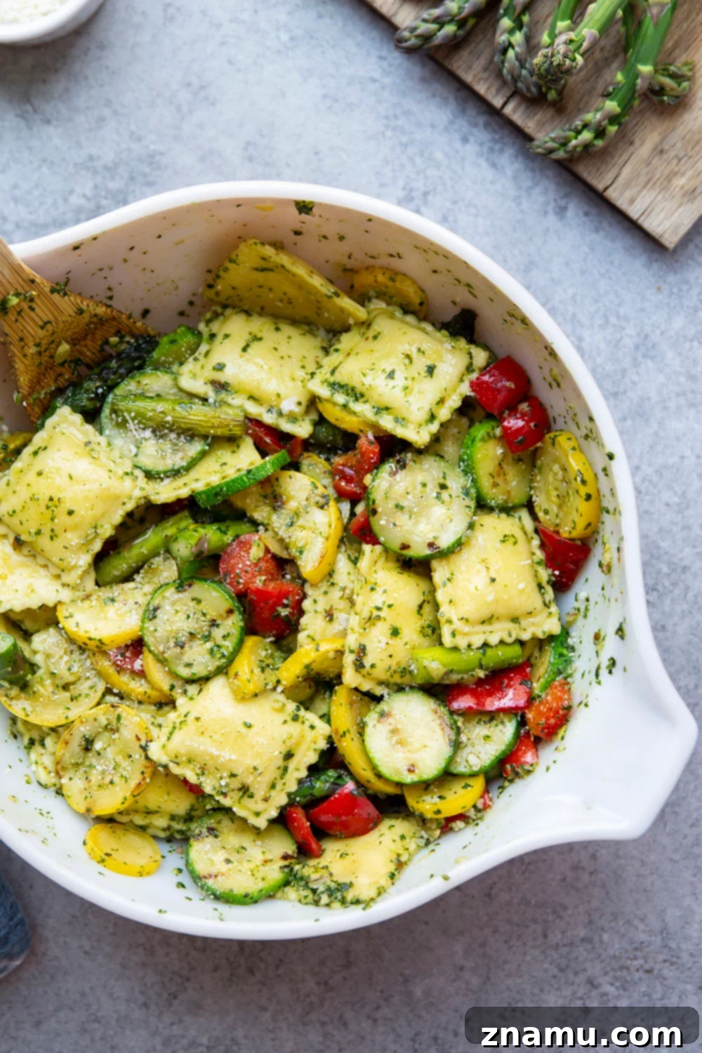 Grilled Vegetable Pesto Ravioli 3 Packed with flavorful basil pesto and smoky grilled summer vegetables, this ravioli is a quick summer meal that's perfect for using up an abundance of summer vegetables!
