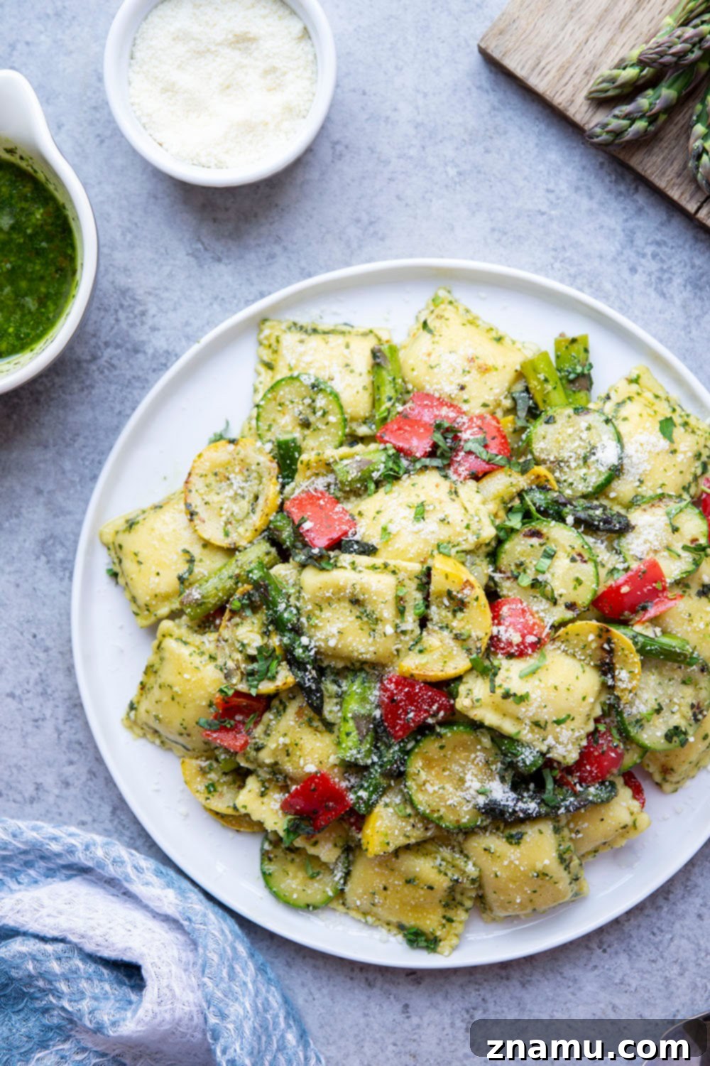 Grilled Vegetable Pesto Ravioli 5 Packed with flavorful basil pesto and smoky grilled summer vegetables, this ravioli is a quick summer meal that's perfect for using up an abundance of summer vegetables!