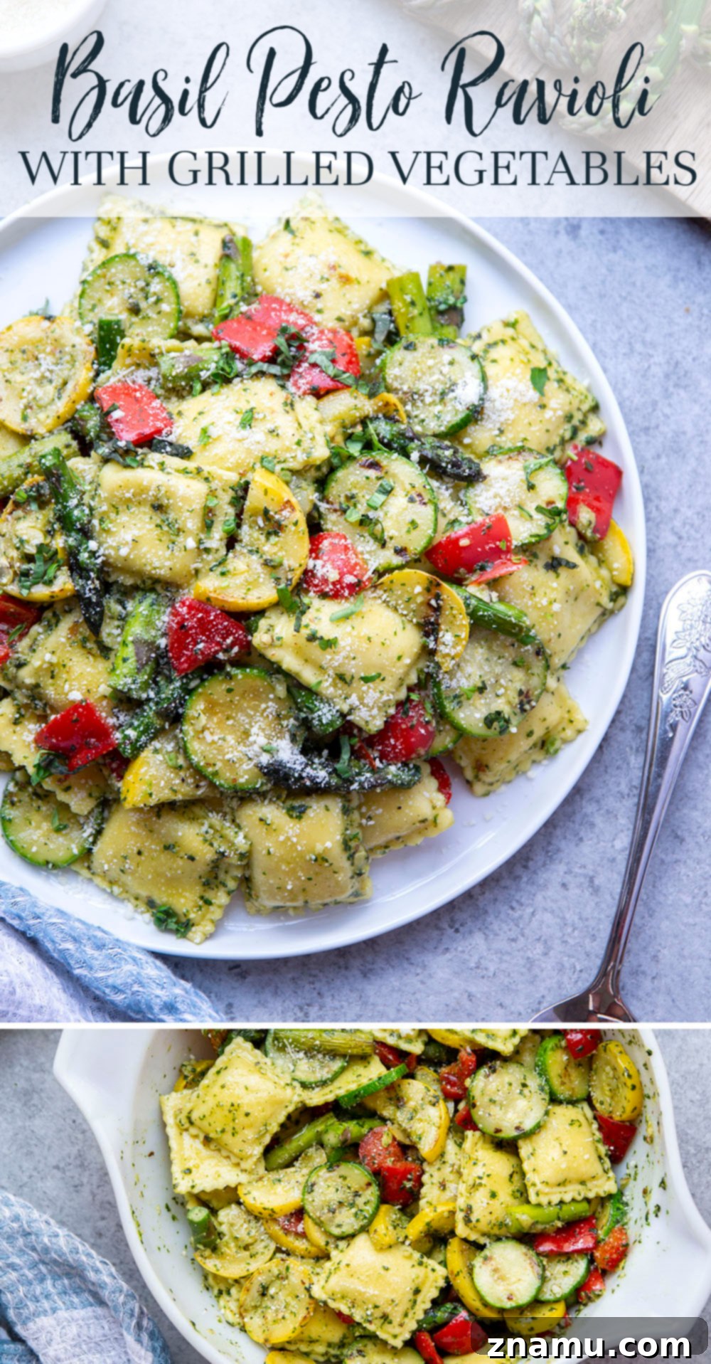 Grilled Vegetable Pesto Ravioli 7 Packed with flavorful basil pesto and smoky grilled summer vegetables, this ravioli is a quick summer meal that's perfect for using up an abundance of summer vegetables!
