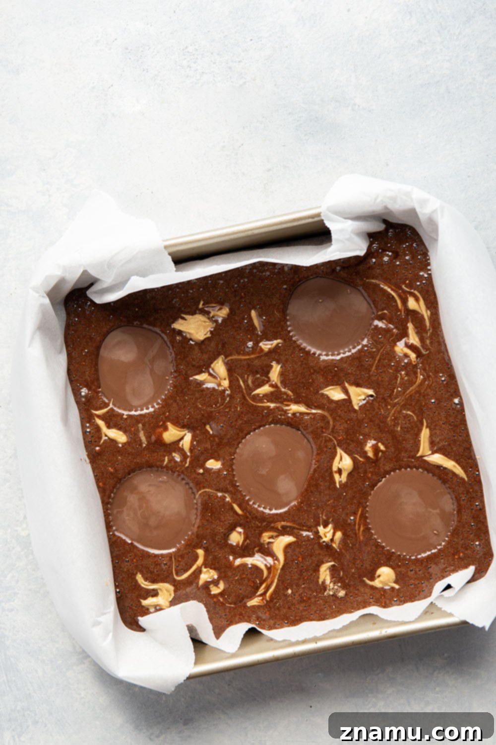 Swirled Peanut Butter Chocolate Brownies 3 Close-up of baked peanut butter swirl brownies, showcasing the fudgy texture and melted peanut butter cups.