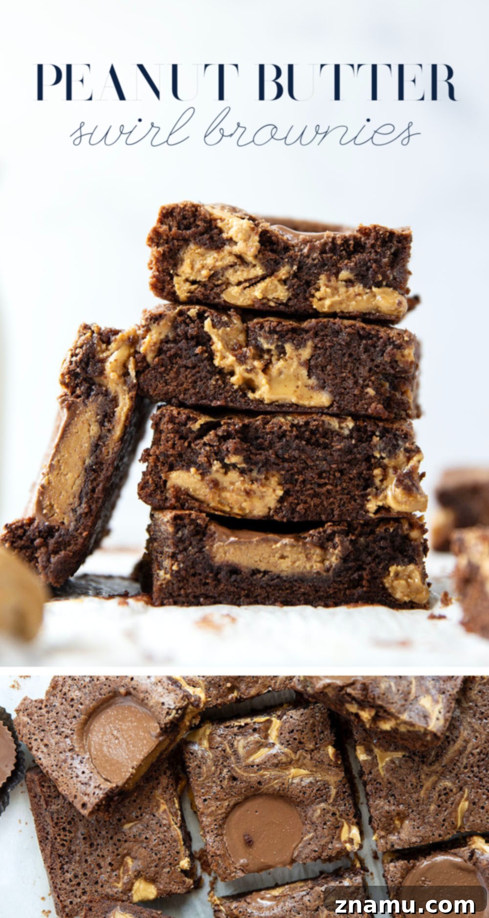 Swirled Peanut Butter Chocolate Brownies 7 Overhead shot of a full pan of peanut butter swirl brownies, glistening and ready to cut.