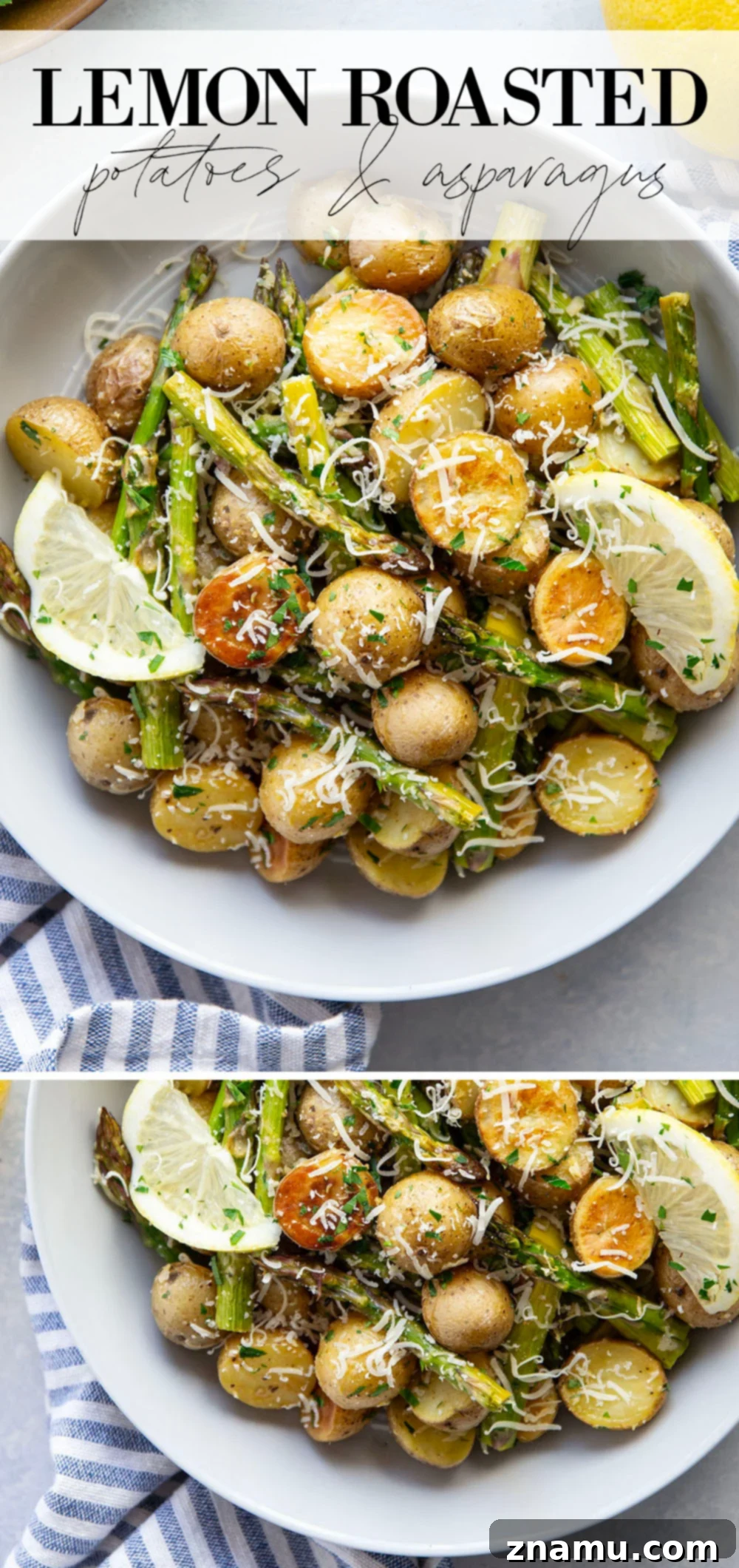 Bright Lemon Roasted Asparagus and Potatoes 7 Overhead shot of lemon roasted potatoes and asparagus with parmesan cheese and parsley.