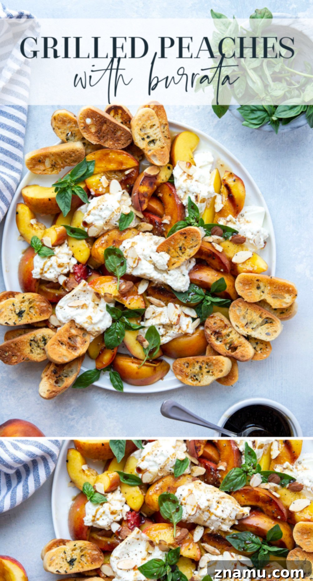 Smoky Grilled Peaches with Creamy Burrata 7 A close-up of a single serving of grilled peaches and burrata on a plate with crostini.