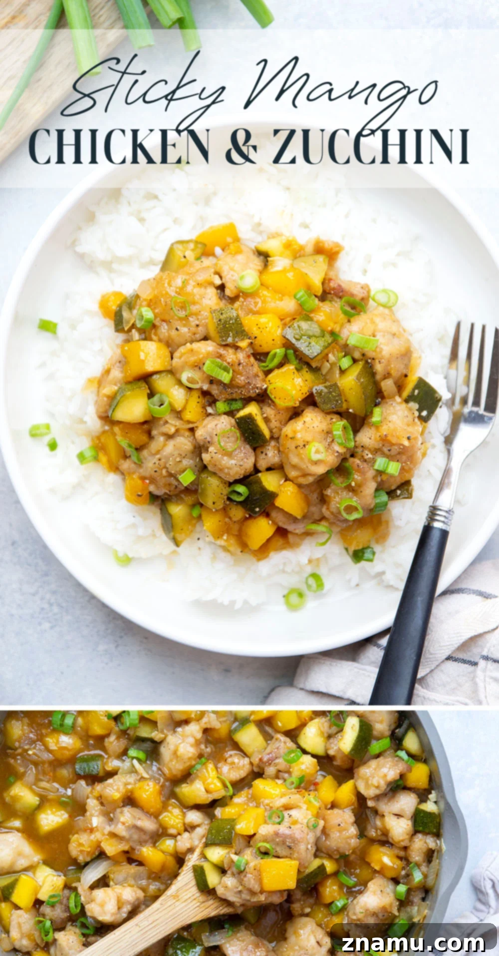 Mango Glazed Chicken with Garden Zucchini 7 Loaded with fresh mango and coated in a perfectly sticky sauce, this chicken and zucchini comes together in only one skillet and is fantastic over rice!