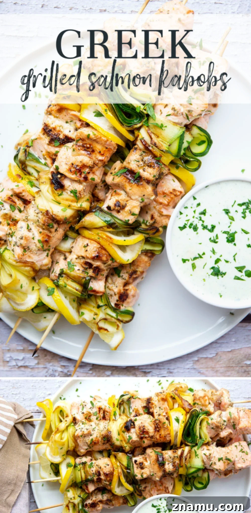 Mediterranean Salmon Skewers with Whipped Feta 7 Close-up of a grilled salmon kabob, showing the perfectly cooked salmon and zucchini with a vibrant fresh parsley garnish.