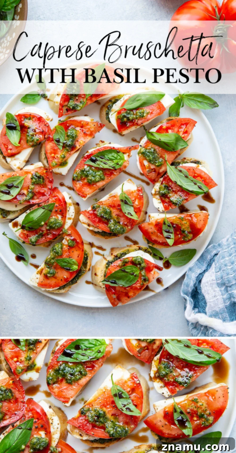 Fresh Basil Pesto Caprese Bruschetta 7 Overhead shot of a platter of Caprese Bruschetta, beautifully garnished