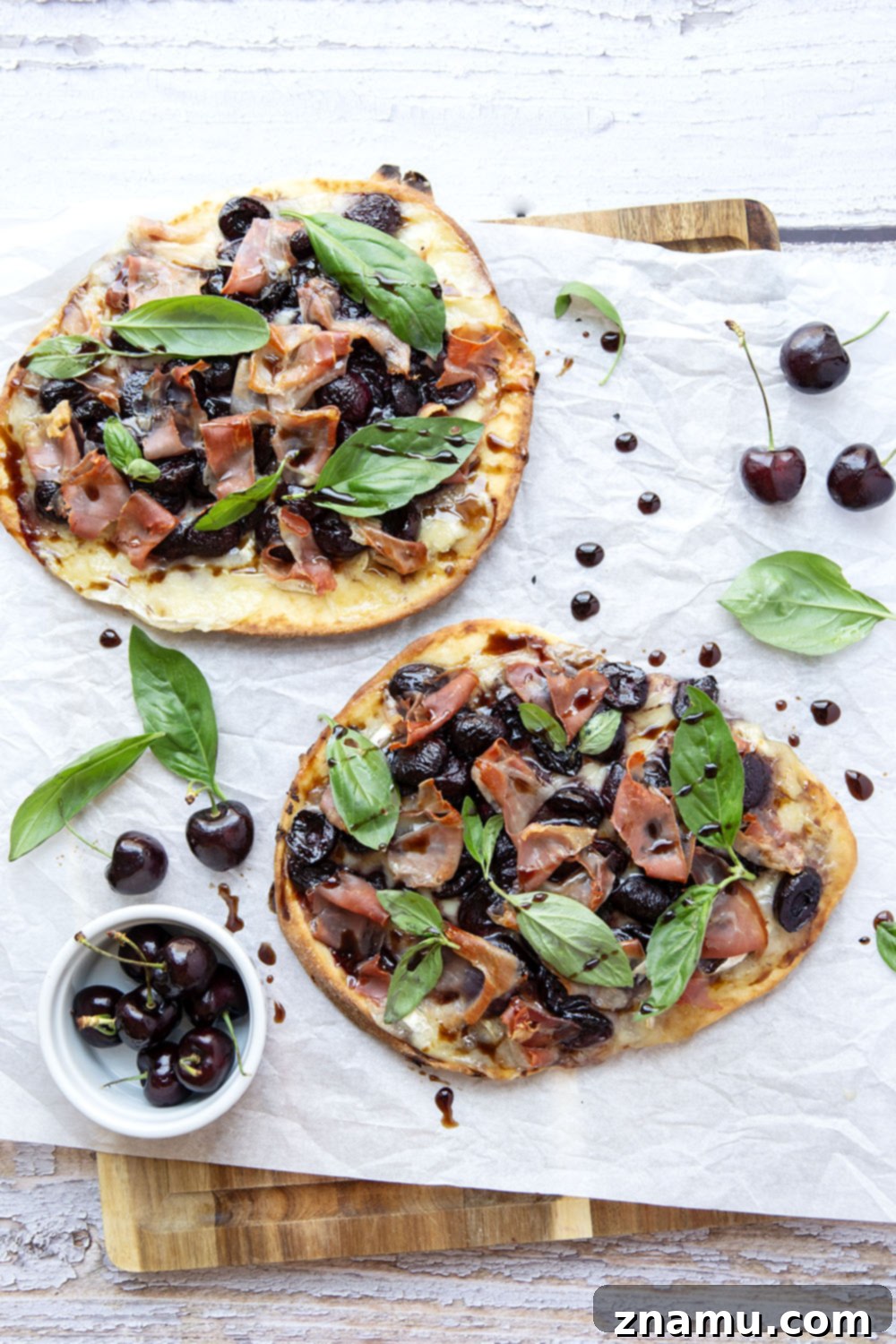 Artisan Cherry Prosciutto Flatbread 5 Juicy roasted cherries and salty prosciutto are the ultimate combo in this simple, yet stunning flatbread. An easy appetizer for entertaining and so good with summer cherries!