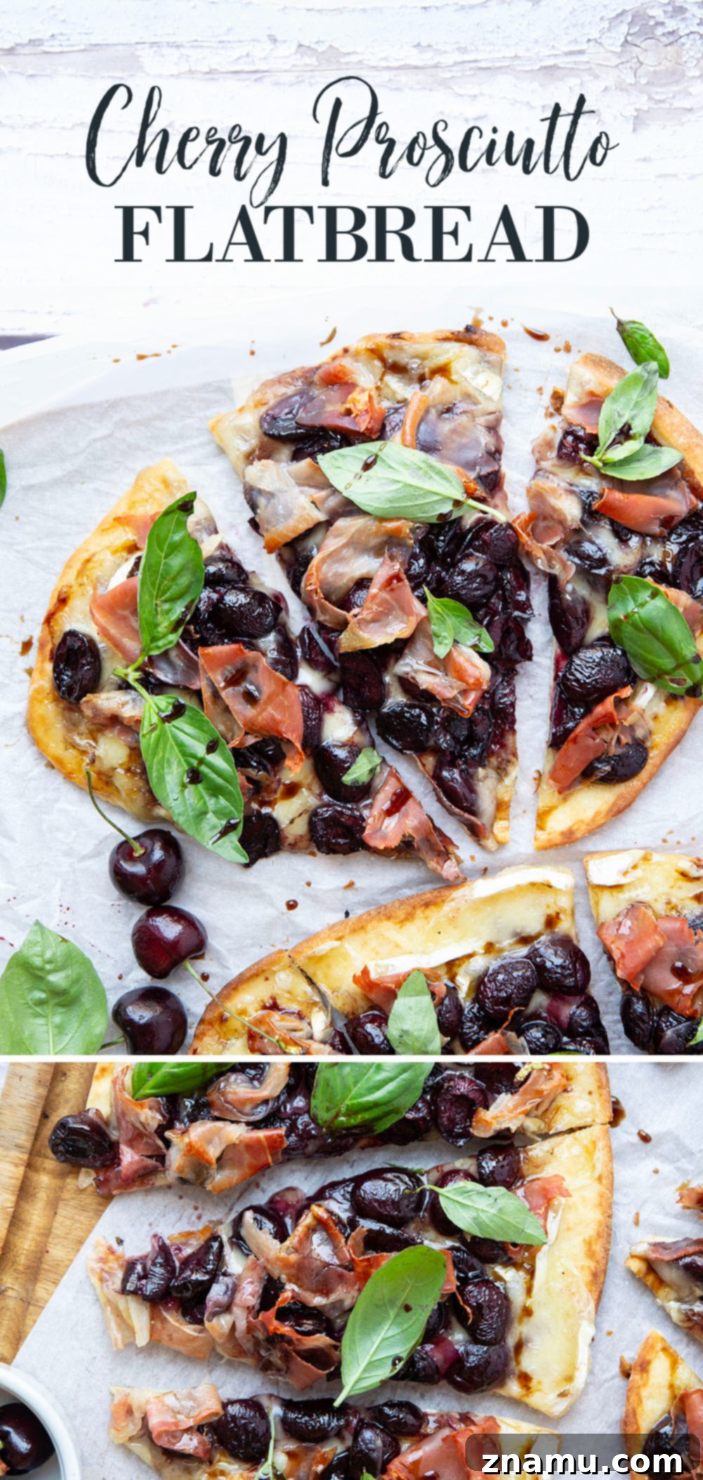 Artisan Cherry Prosciutto Flatbread 7 Juicy roasted cherries and salty prosciutto are the ultimate combo in this simple, yet stunning flatbread. An easy appetizer for entertaining and so good with summer cherries!