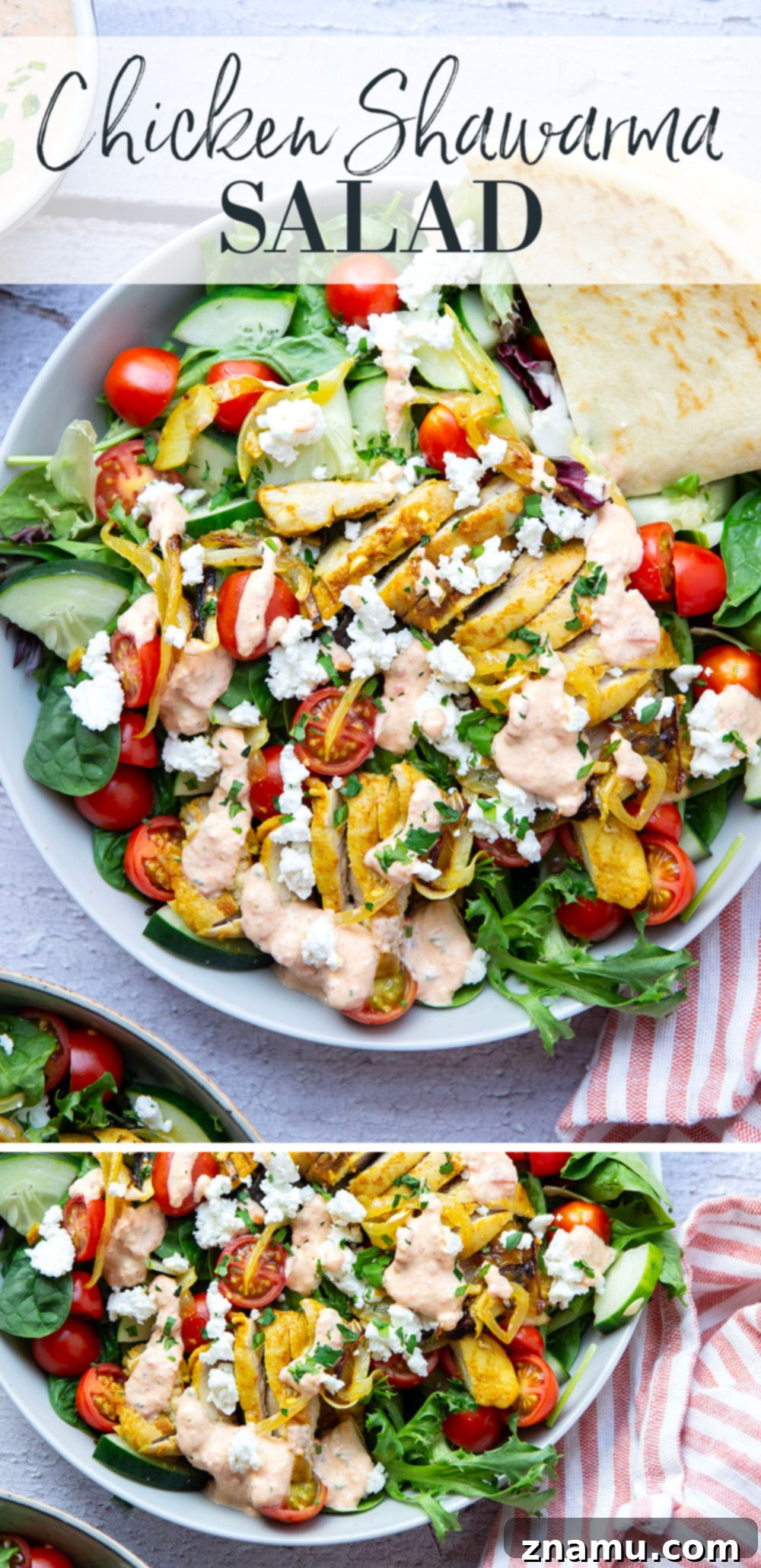 Mediterranean Chicken Shawarma Salad with Smoky Red Pepper Tzatziki 7 Everything you love about a good chicken shawarma is packed into this loaded salad! Juicy marinated chicken thighs and a flavorful roasted red pepper tzatziki take it over the top.
