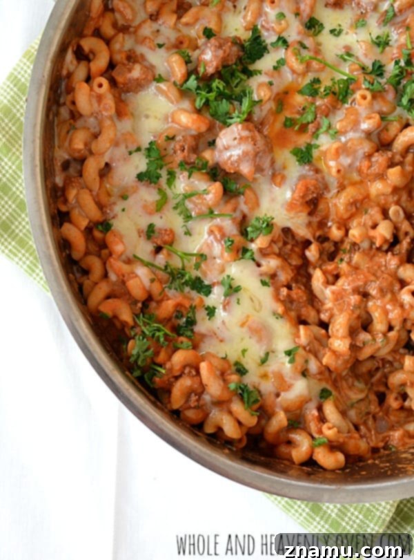 Chili Macaroni and Cheese Skillet 3 Close-up of Skillet Chili Macaroni & Cheese, ready to serve