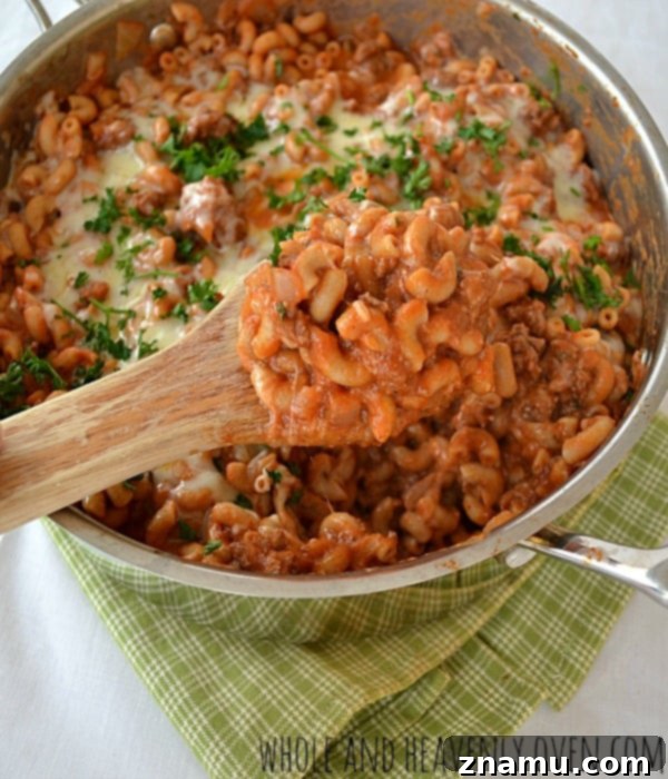 Chili Macaroni and Cheese Skillet 7 Skillet Chili Mac with a sprinkle of fresh parsley on top