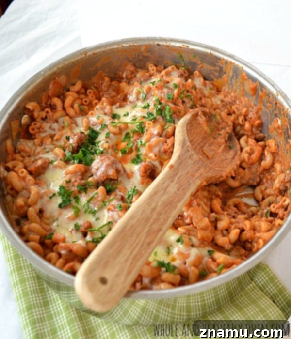Chili Macaroni and Cheese Skillet 10 Close-up of Skillet Chili Macaroni & Cheese showing hearty texture