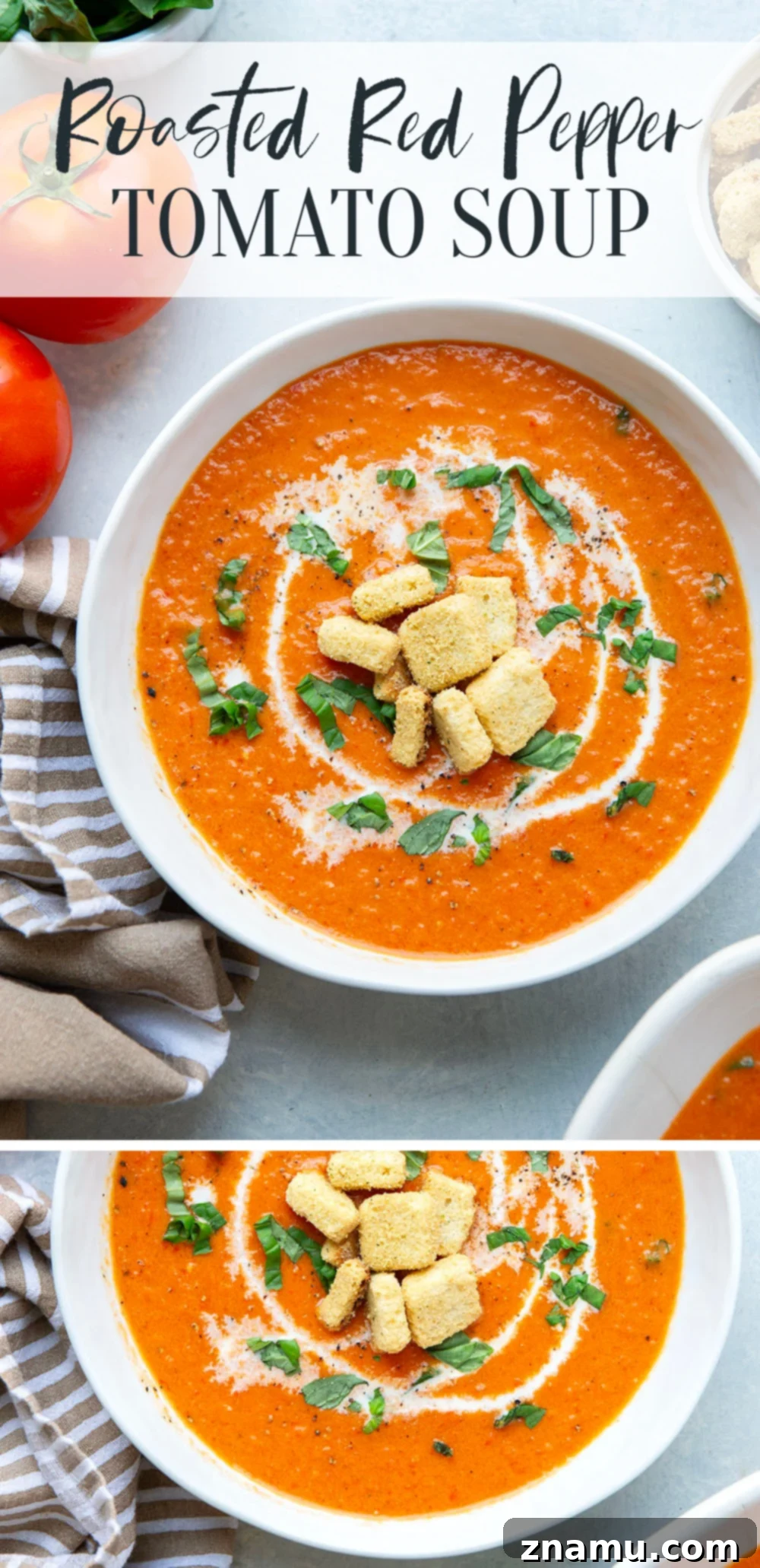 Crimson Fire-Roasted Tomato & Pepper Bisque 7 A top-down view of the creamy roasted red pepper tomato soup, elegantly garnished and presented, emphasizing its inviting appeal.
