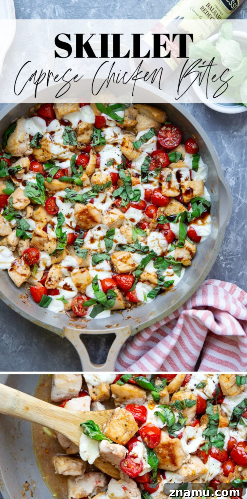 Caprese Chicken Skillet 7 A beautifully composed shot of the finished Skillet Caprese Chicken Bites, presenting a large portion in the pan, garnished with an abundance of fresh basil and artistic drizzles of balsamic glaze, ready for serving.