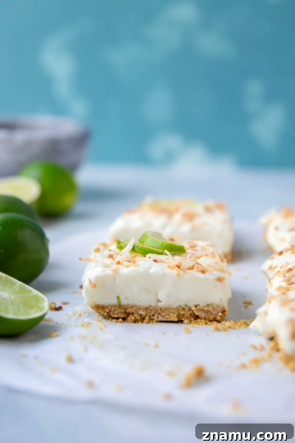 Coconut Key Lime Dream Bars 4 A beautifully arranged serving of Coconut Key Lime Cheesecake Bars on a plate.