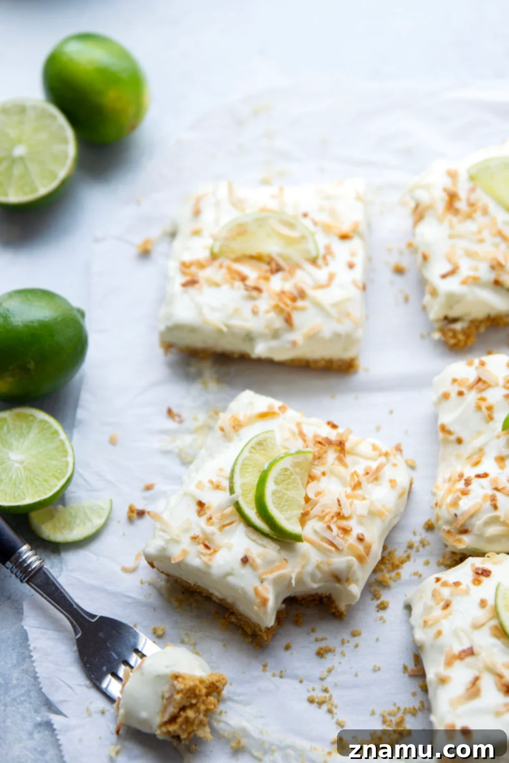 Coconut Key Lime Dream Bars 5 Ingredients for Coconut Key Lime Cheesecake Bars laid out, including key limes, coconut, and cream cheese.