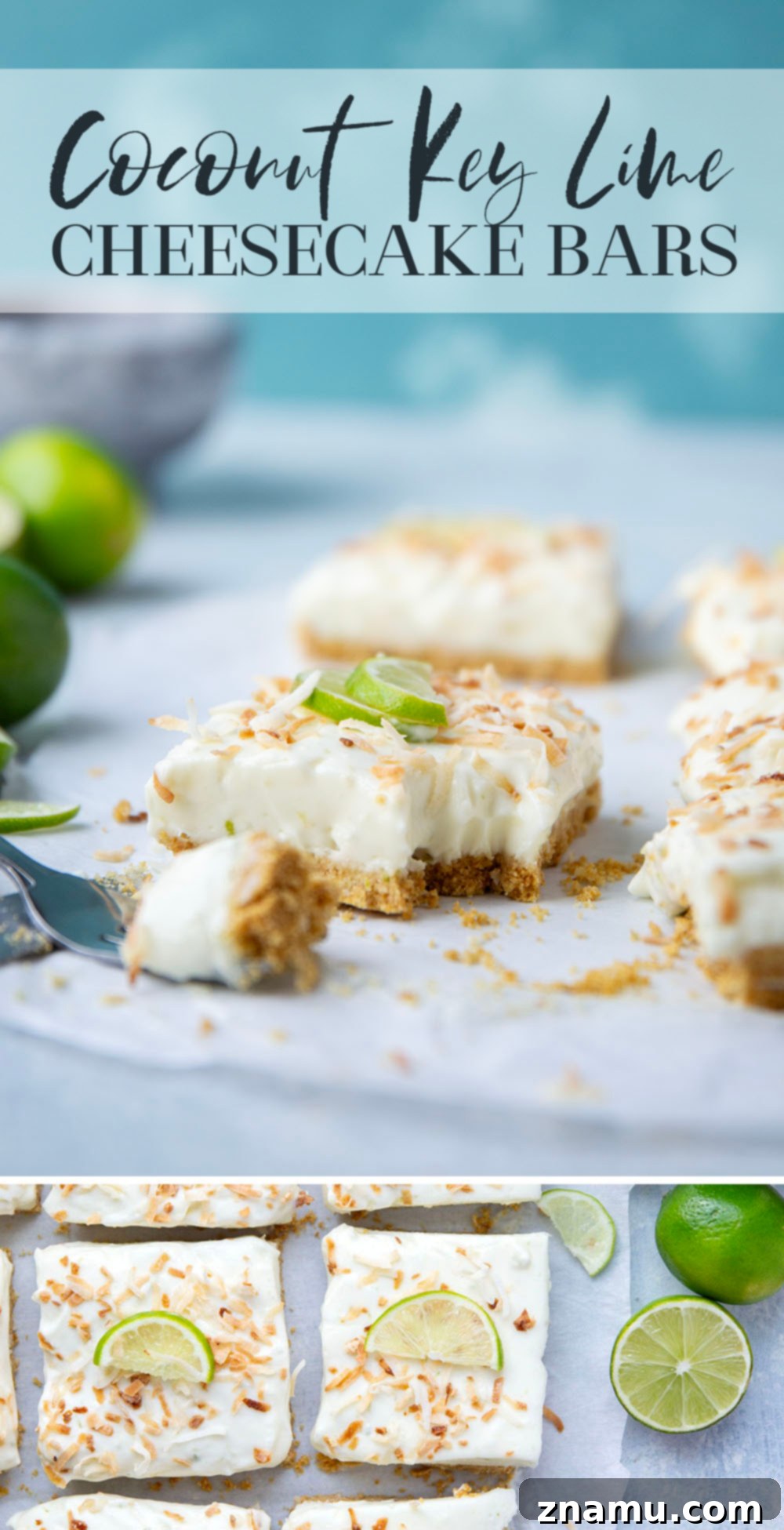 Coconut Key Lime Dream Bars 7 Overhead shot of Coconut Key Lime Cheesecake Bars in a square pan, garnished with toasted coconut flakes.