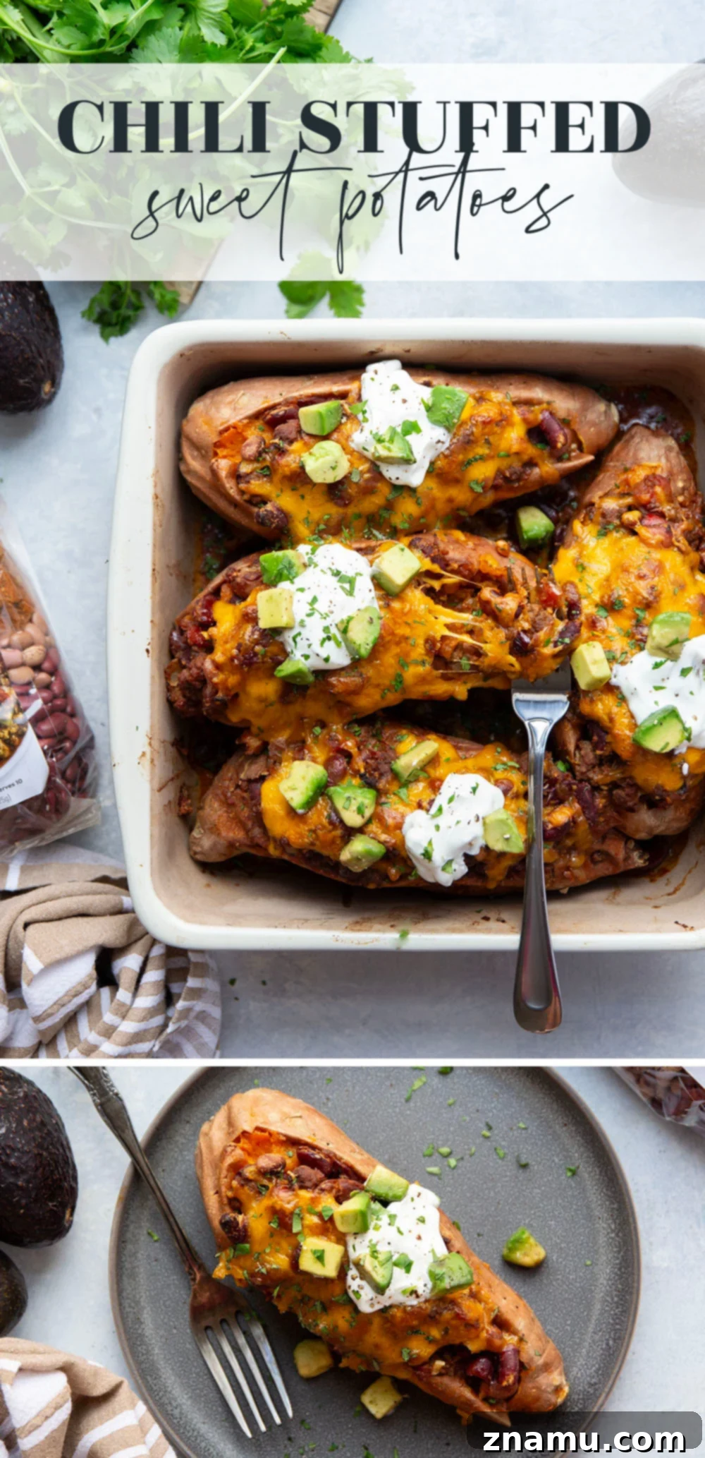 Ultimate Cheesy Chili Sweet Potatoes 7 Multiple chili stuffed sweet potatoes arranged on a baking sheet after being baked, with cheese melted and bubbly.