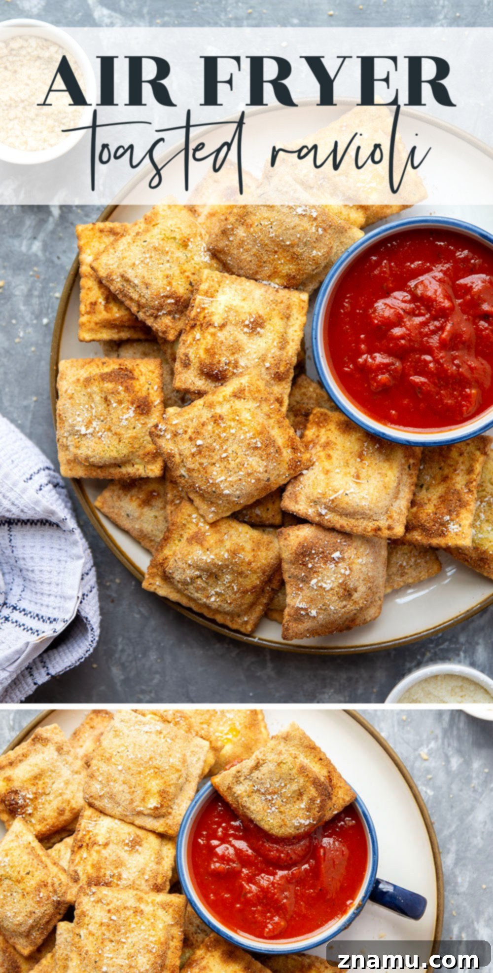 Crispy Air Fryer Ravioli 7 A large pile of golden brown Air Fryer Toasted Ravioli in a bowl, with marinara sauce on the side.