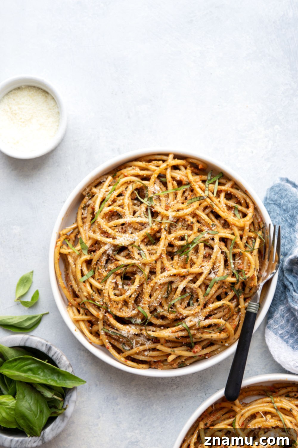 Fire-Roasted Red Pepper Pesto Pasta 5 Flavorful roasted red peppers and lots of fresh basil take this roasted red pepper pesto pasta to the next level! Try it with your favorite pasta with lots of Parmesan cheese on top.