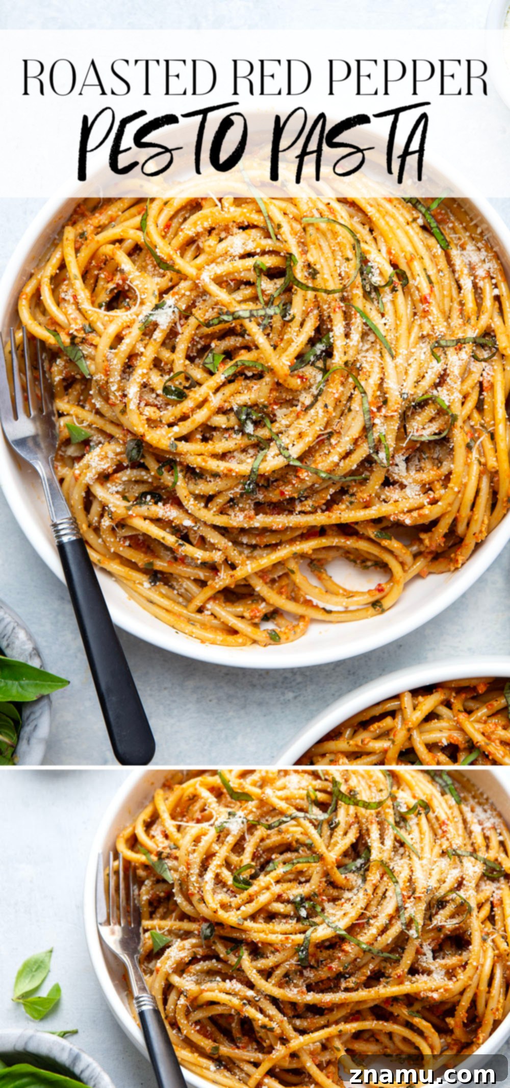 Fire-Roasted Red Pepper Pesto Pasta 7 Flavorful roasted red peppers and lots of fresh basil take this roasted red pepper pesto pasta to the next level! Try it with your favorite pasta with lots of Parmesan cheese on top.