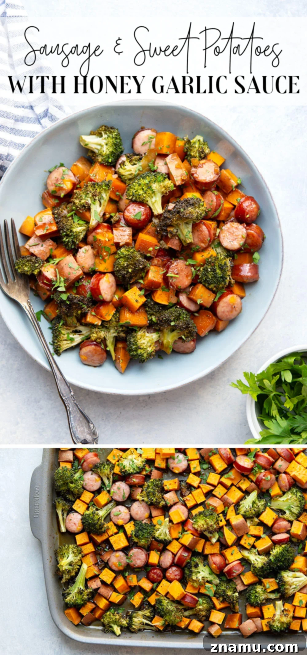 Sticky Honey Garlic Sheet Pan Sausage and Sweet Potatoes 7 Overhead shot of the finished sheet pan sausage and sweet potatoes with fresh parsley garnish, ready to serve.