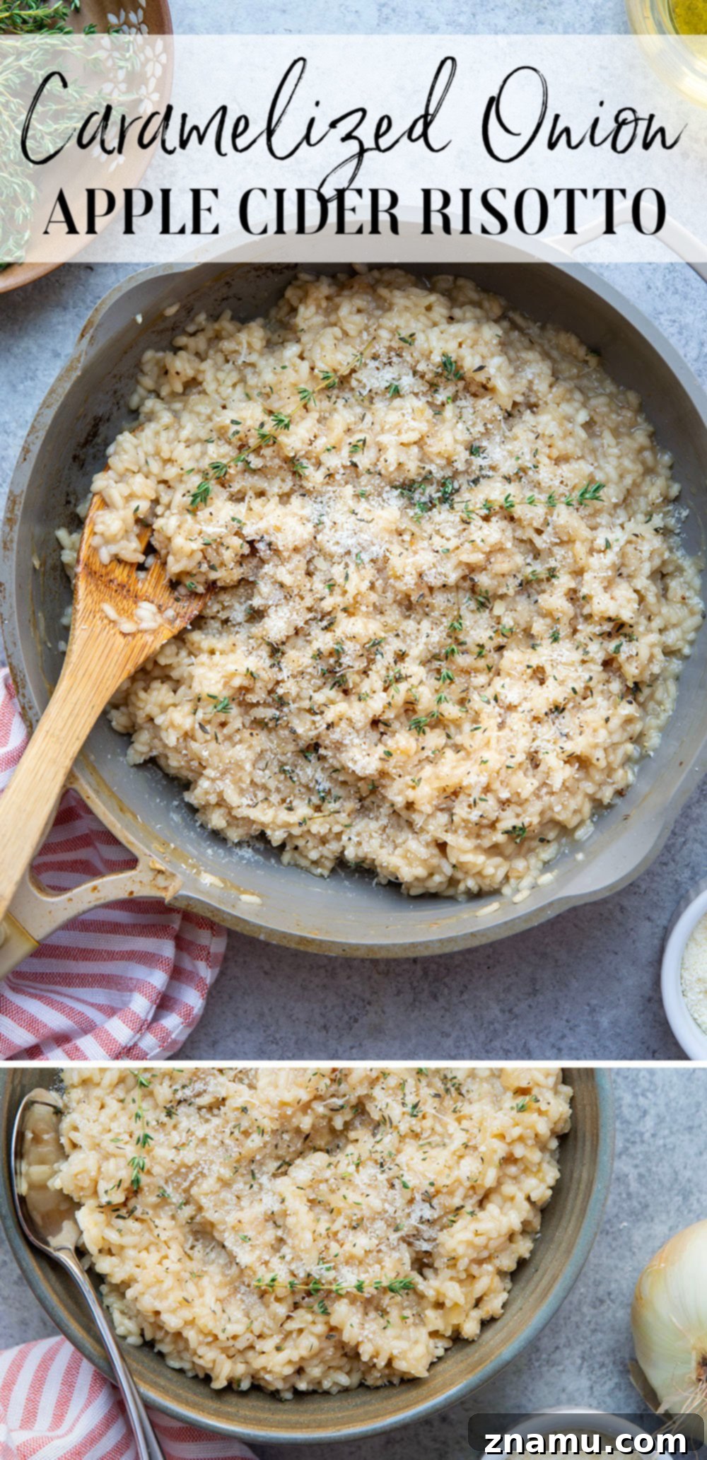 Apple Cider Risotto with Caramelized Onions 7 Sweet apple cider and flavorful caramelized onions add the perfect fall twist to this hearty apple cider risotto that's quick to make and goes well with any meal.