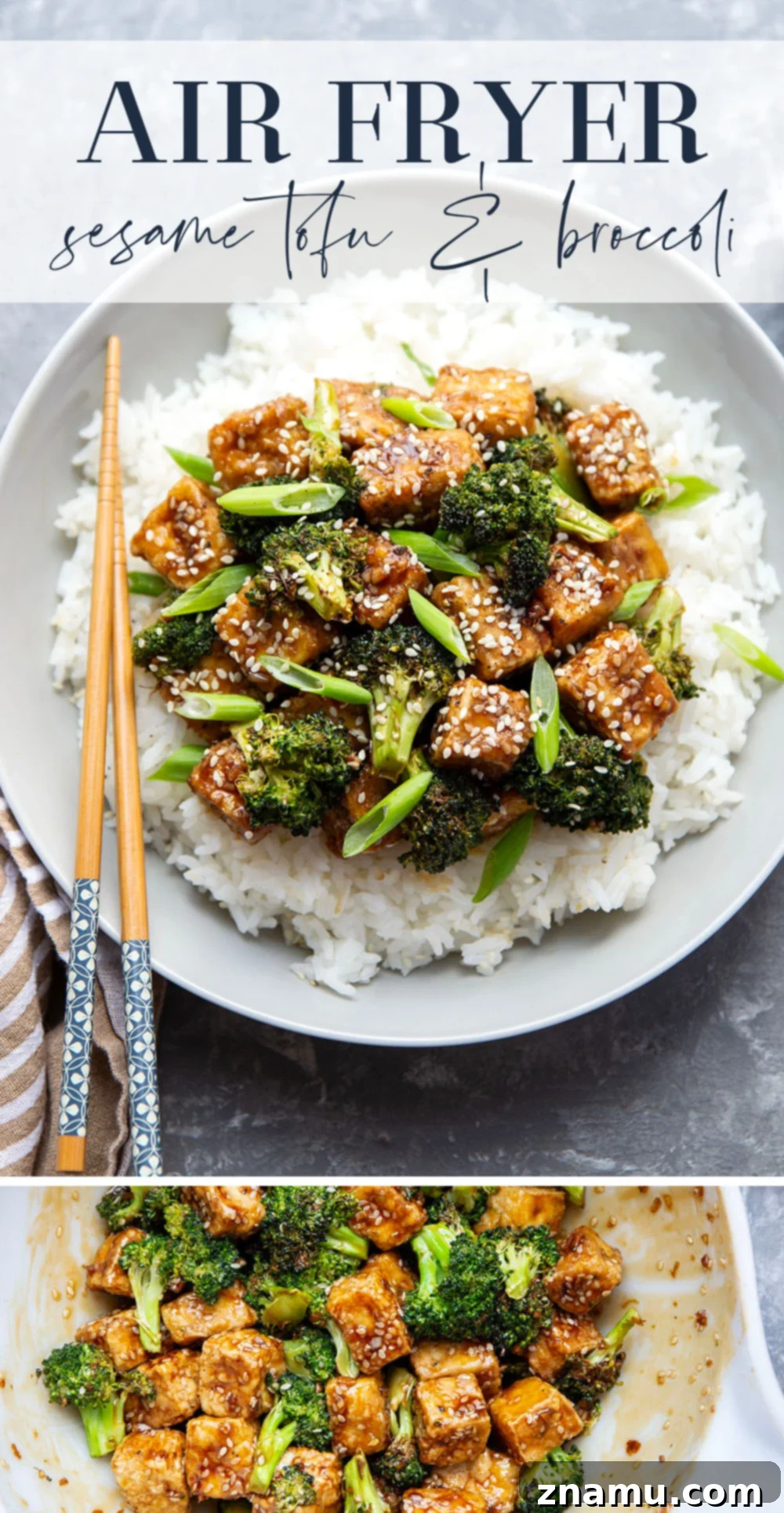 Perfectly Crispy Air Fryer Sesame Tofu and Broccoli 7 A vibrant, overhead shot of Air Fryer Sesame Tofu and Broccoli served in a bowl, with garnishes.