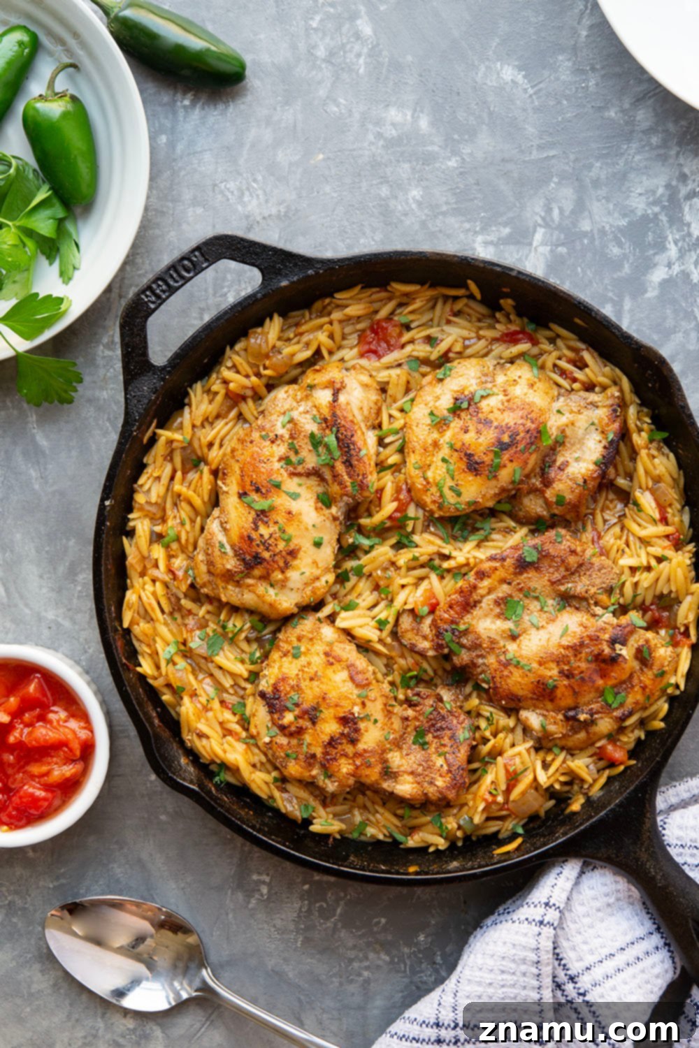 A vibrant, close-up shot of Skillet Blackened Chicken Thighs and Orzo, showcasing perfectly seared chicken pieces nestled in a creamy, spiced orzo pasta. Garnish with fresh parsley. The dish is in a rustic cast iron skillet.