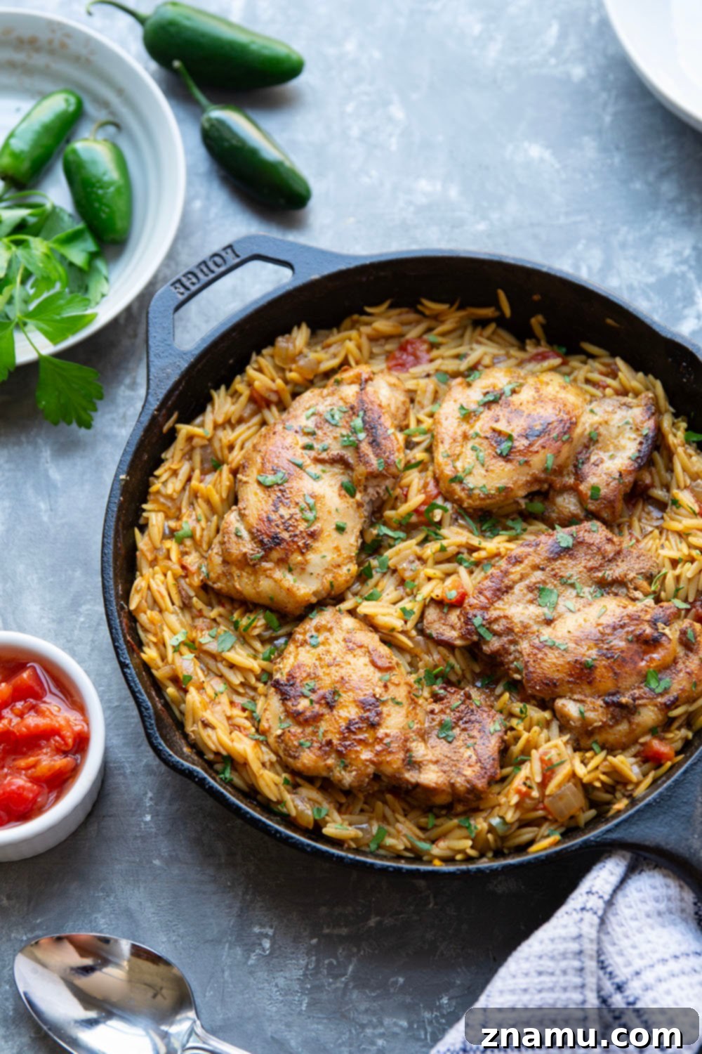 Overhead view of the Blackened Chicken Thighs and Orzo in a cast iron skillet. The chicken is golden-brown with a spicy crust, and the orzo is creamy and red, garnished with fresh green herbs. A wooden spoon rests in the skillet.