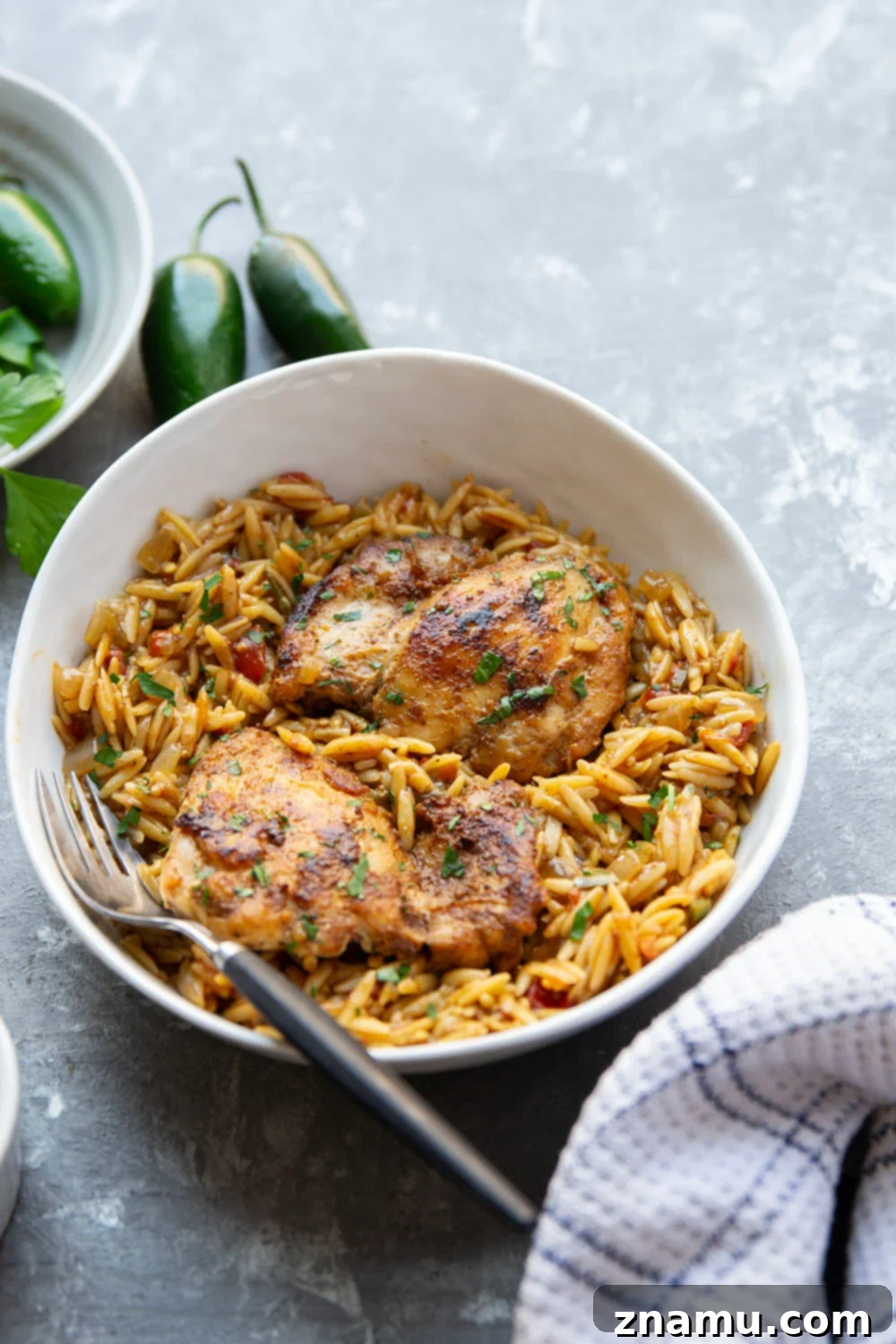 A top-down view of a large serving of Blackened Chicken Thighs and Orzo in a white bowl, garnished with fresh herbs. The colors are rich and inviting.
