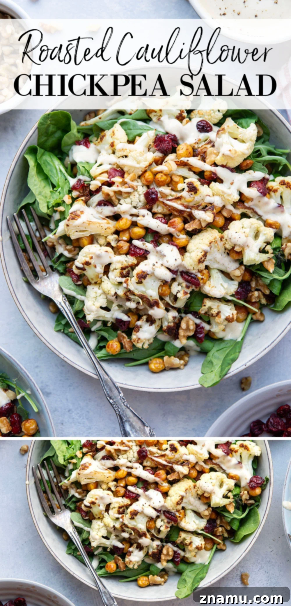 Warm Roasted Cauliflower & Chickpea Salad with Creamy Tahini Dressing 7 Crispy roasted cauliflower and chickpeas and a creamy roasted garlic tahini dressing are the perfect salad combination in this hearty roasted cauliflower chickpea salad.