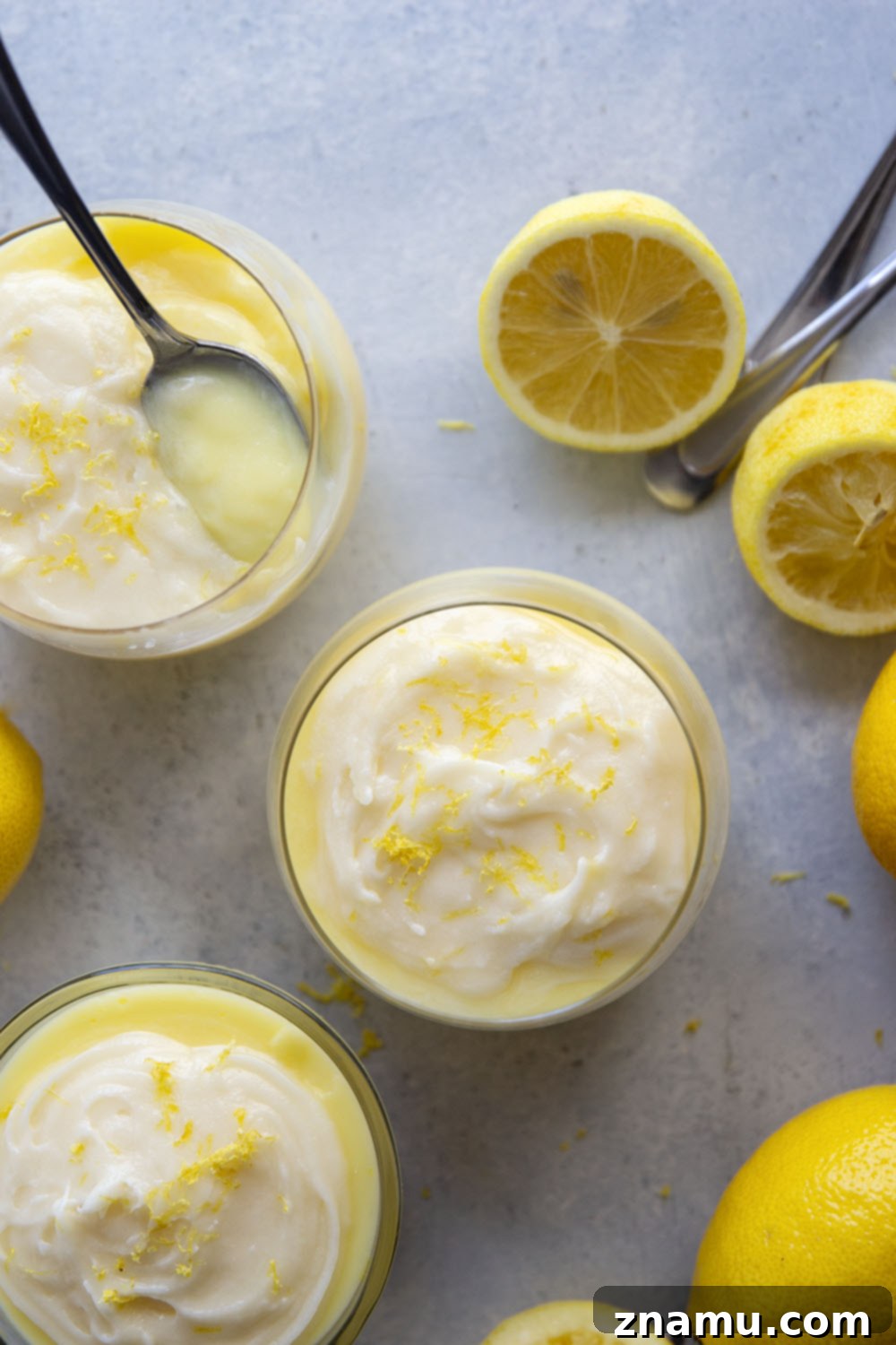 Zesty Lemon Pudding with Creamy Cheesecake Topping 5 Homemade lemon pudding is perfectly sweet, lemony, and absolutely heavenly with a rich cream cheese frosting spooned on top.
