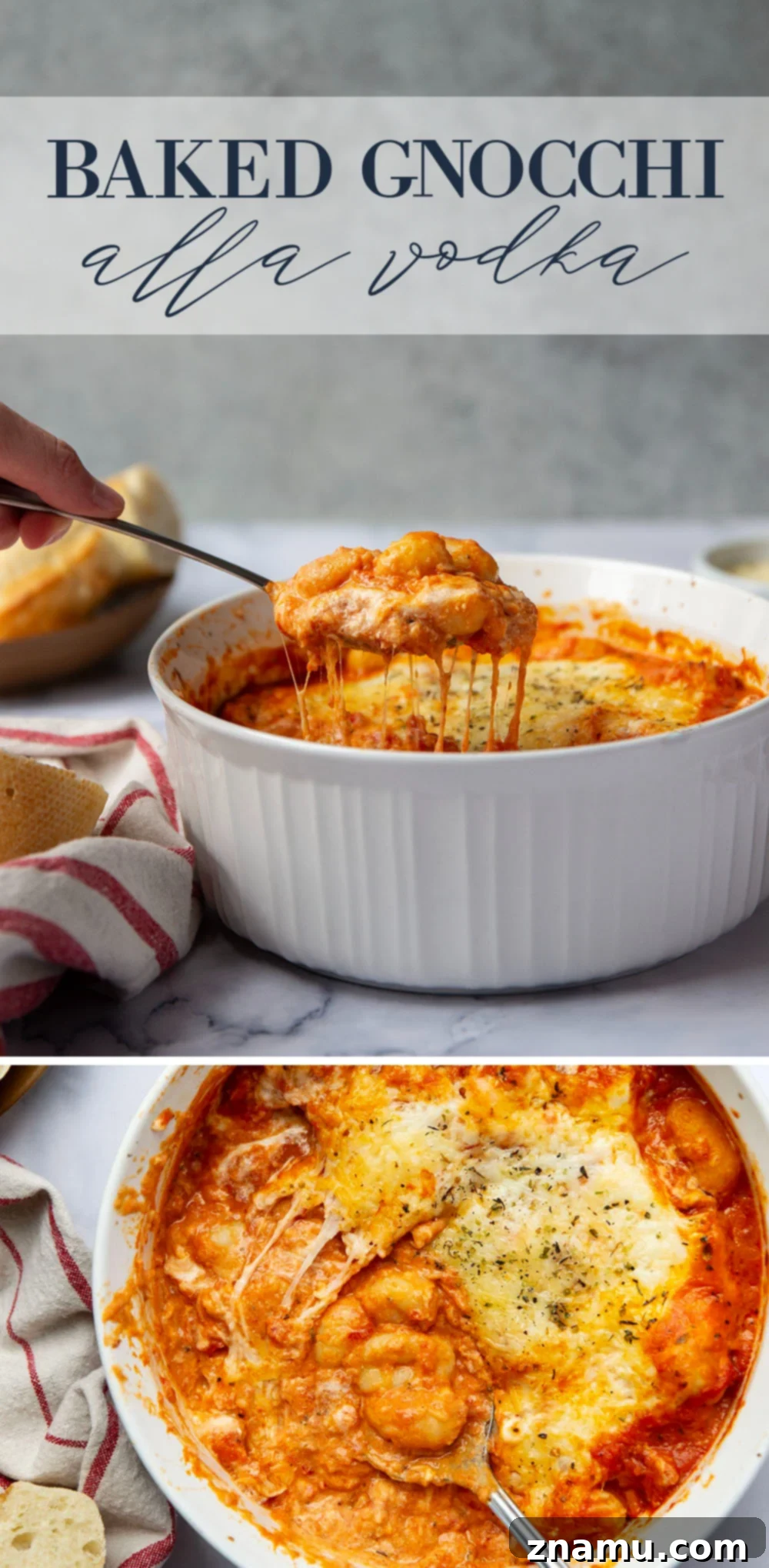 Golden Baked Gnocchi alla Vodka 7 Baked in layers of homemade tomato vodka sauce and 3 kinds of cheese, this baked gnocchi alla vodka is an easy weeknight dinner and so amazing with fresh bread for dipping!