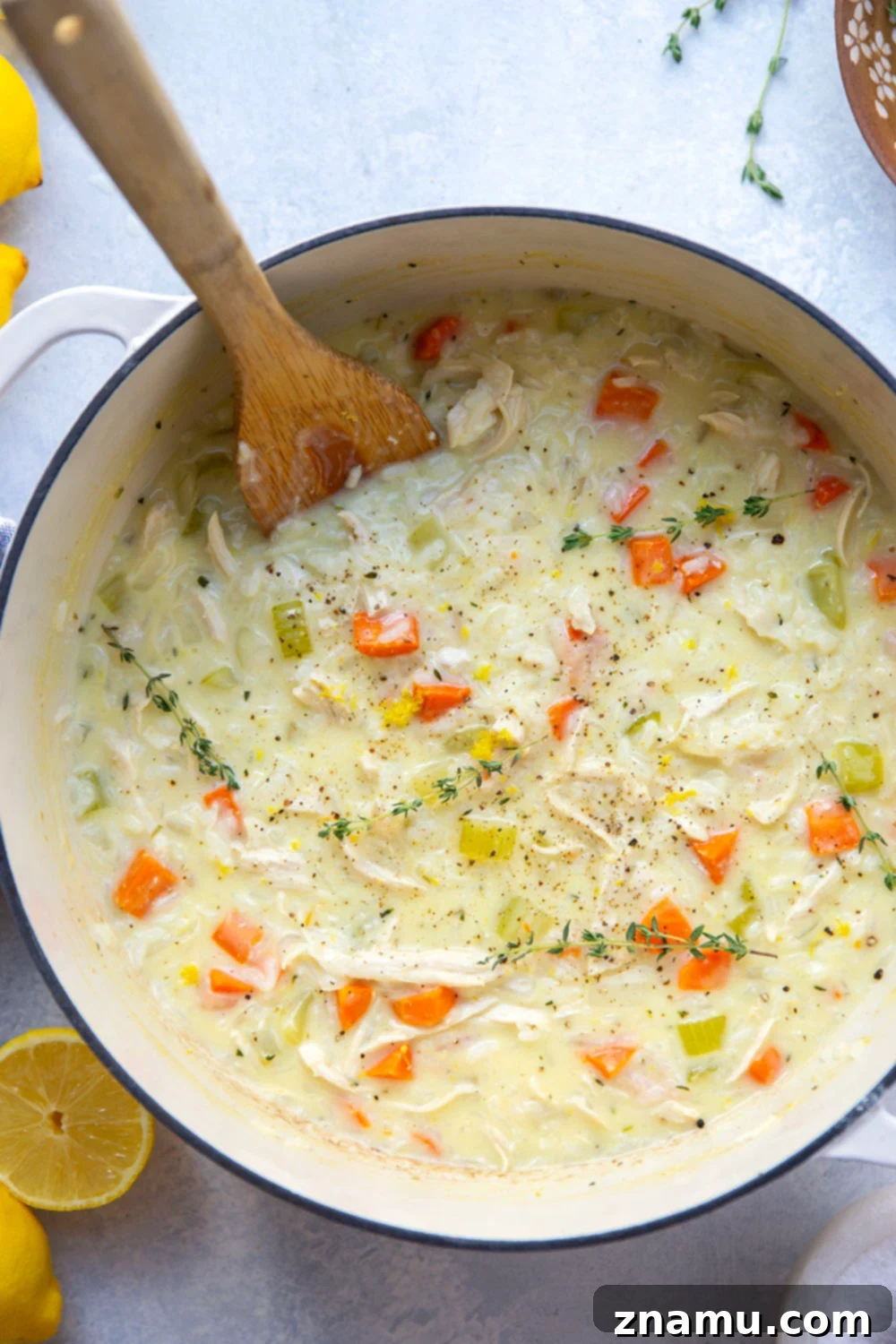 Velvety Lemon Chicken Rice Delight 3 Perfectly creamy and loaded with hearty rice, chicken, and lots of fresh lemon, this chicken lemon rice soup comes together in one pot in less than an hour!