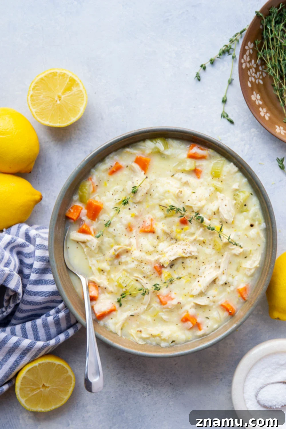 Velvety Lemon Chicken Rice Delight 4 Perfectly creamy and loaded with hearty rice, chicken, and lots of fresh lemon, this chicken lemon rice soup comes together in one pot in less than an hour!